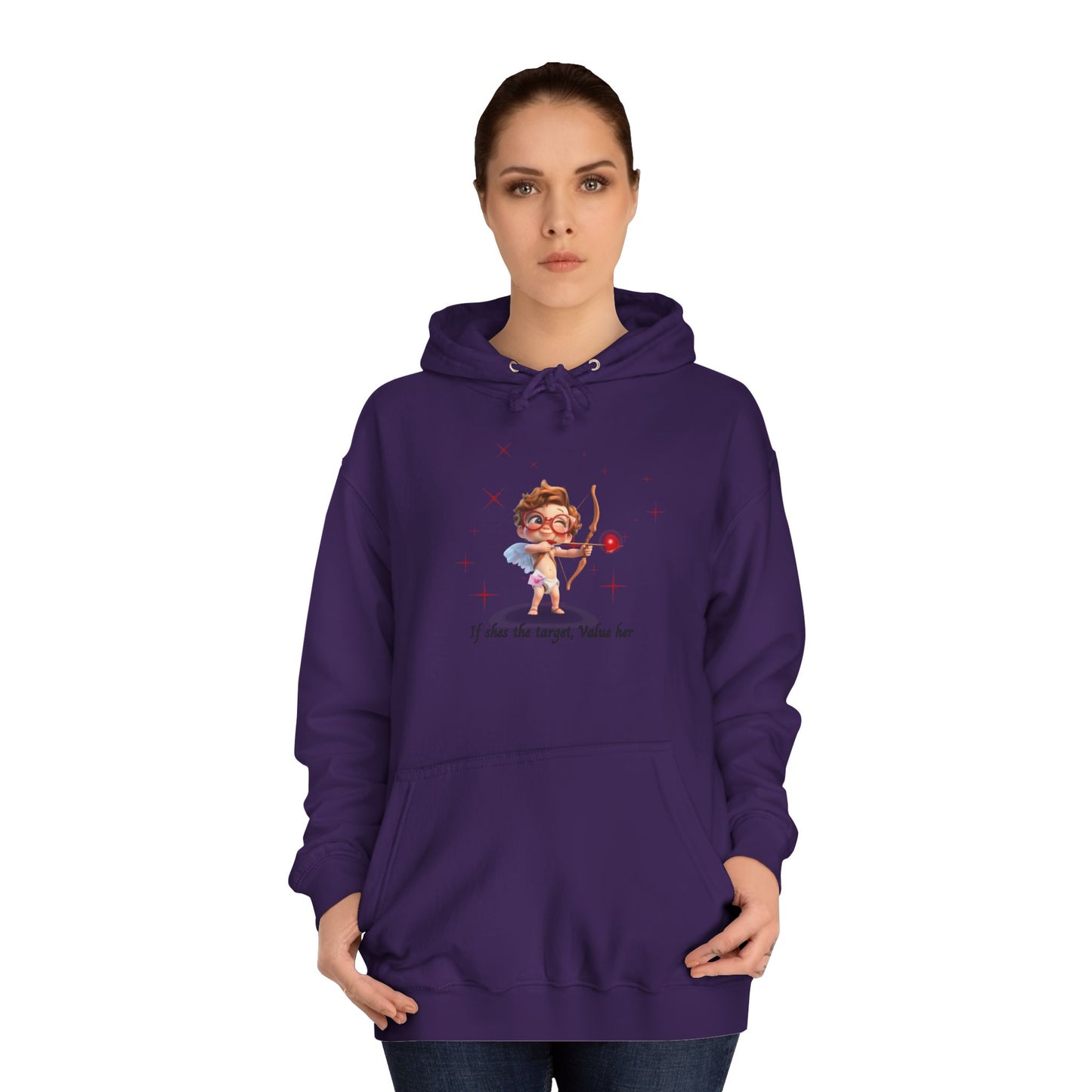 Ivory Cloud White Hoodie for Women – Value Her Cupid-Inspired Love Graphic Sweater