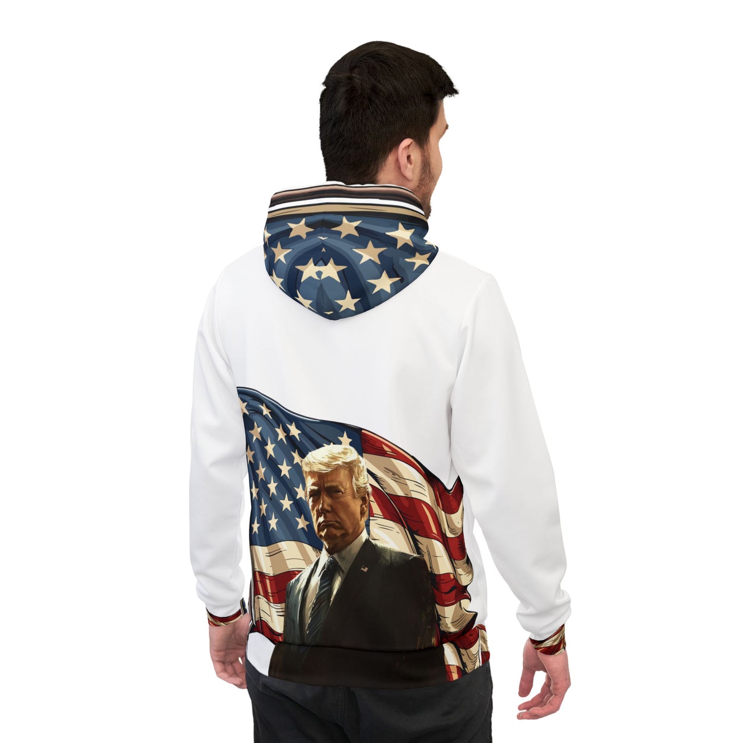 "Patriotic White Hoodie – 2025 American Flag and Trump Graphic | Ideal for Trump Supporters"