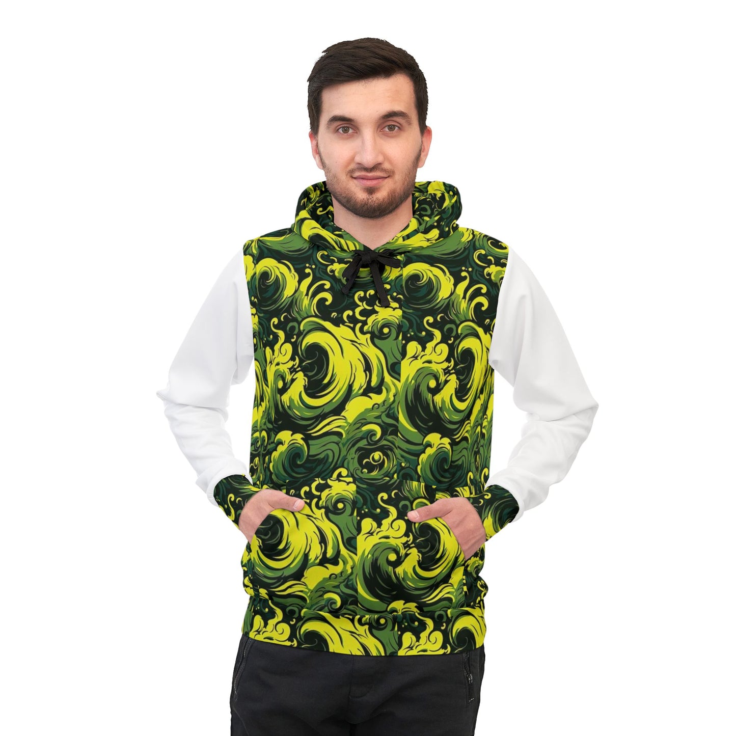 🔥 Men’s White Hoodie with Green & Yellow Pattern – Bold & Stylish Streetwear