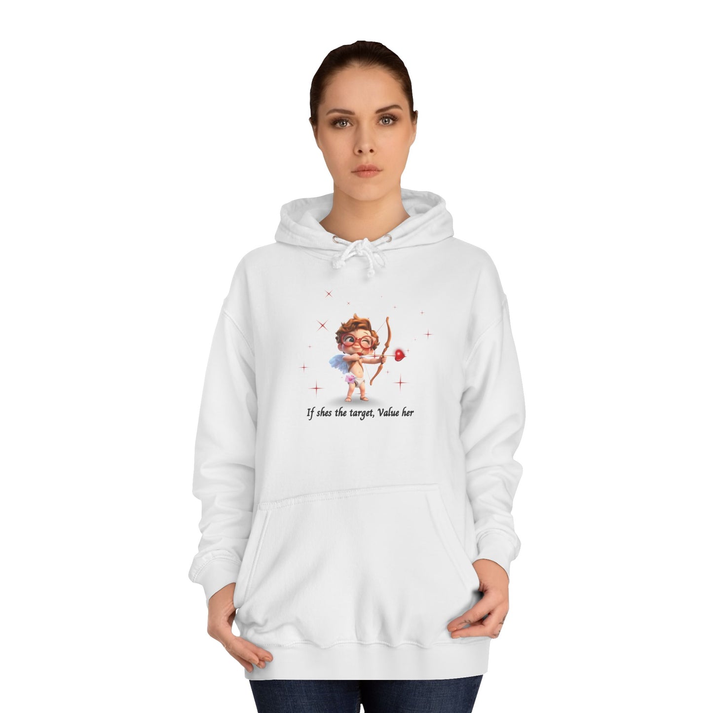Ivory Cloud White Hoodie for Women – Value Her Cupid-Inspired Love Graphic Sweater