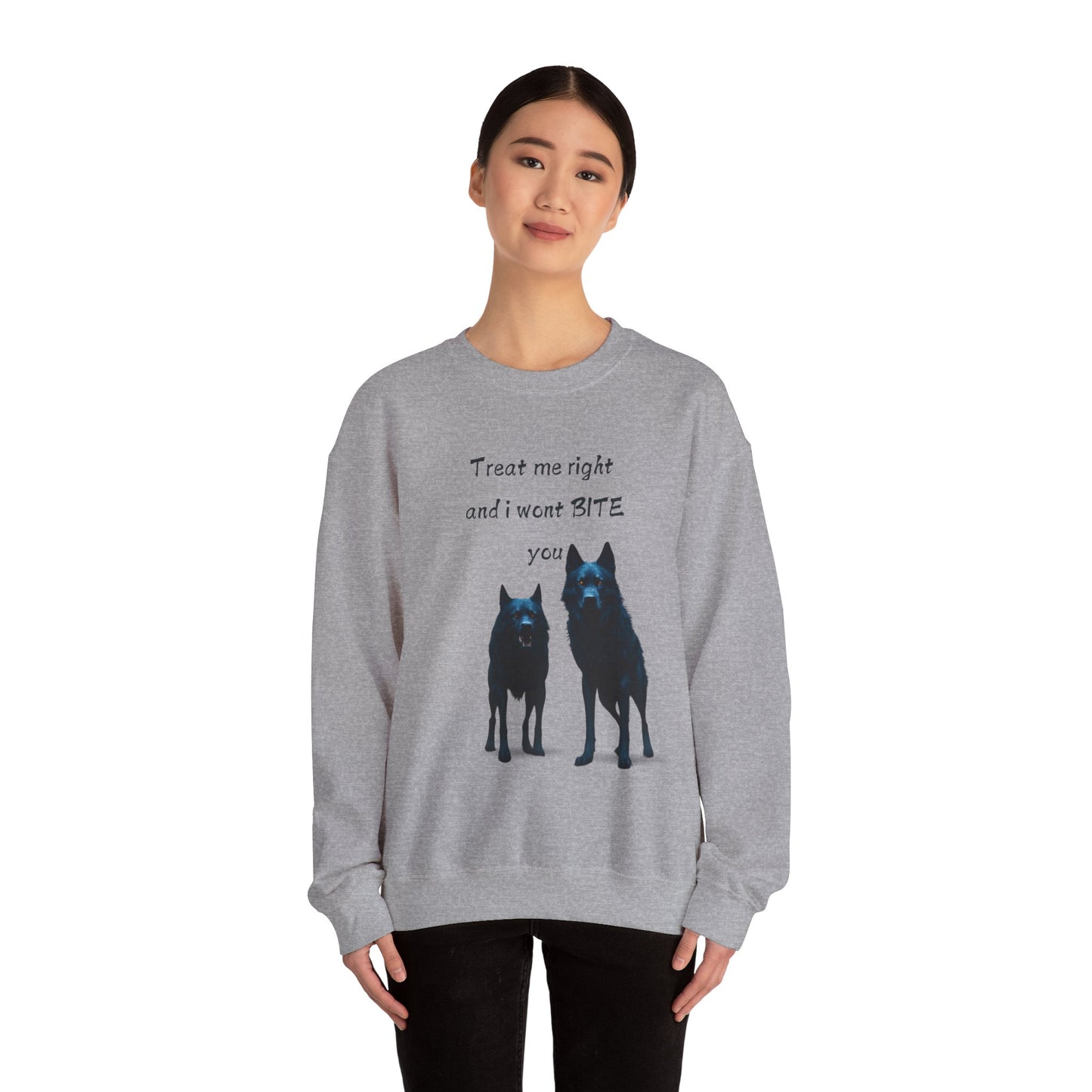 πΎ Funny Dog Lover Pink Sweatshirt β "Treat Me Right and I Won't Bite" Design for Dog Lovers & Pet Owners