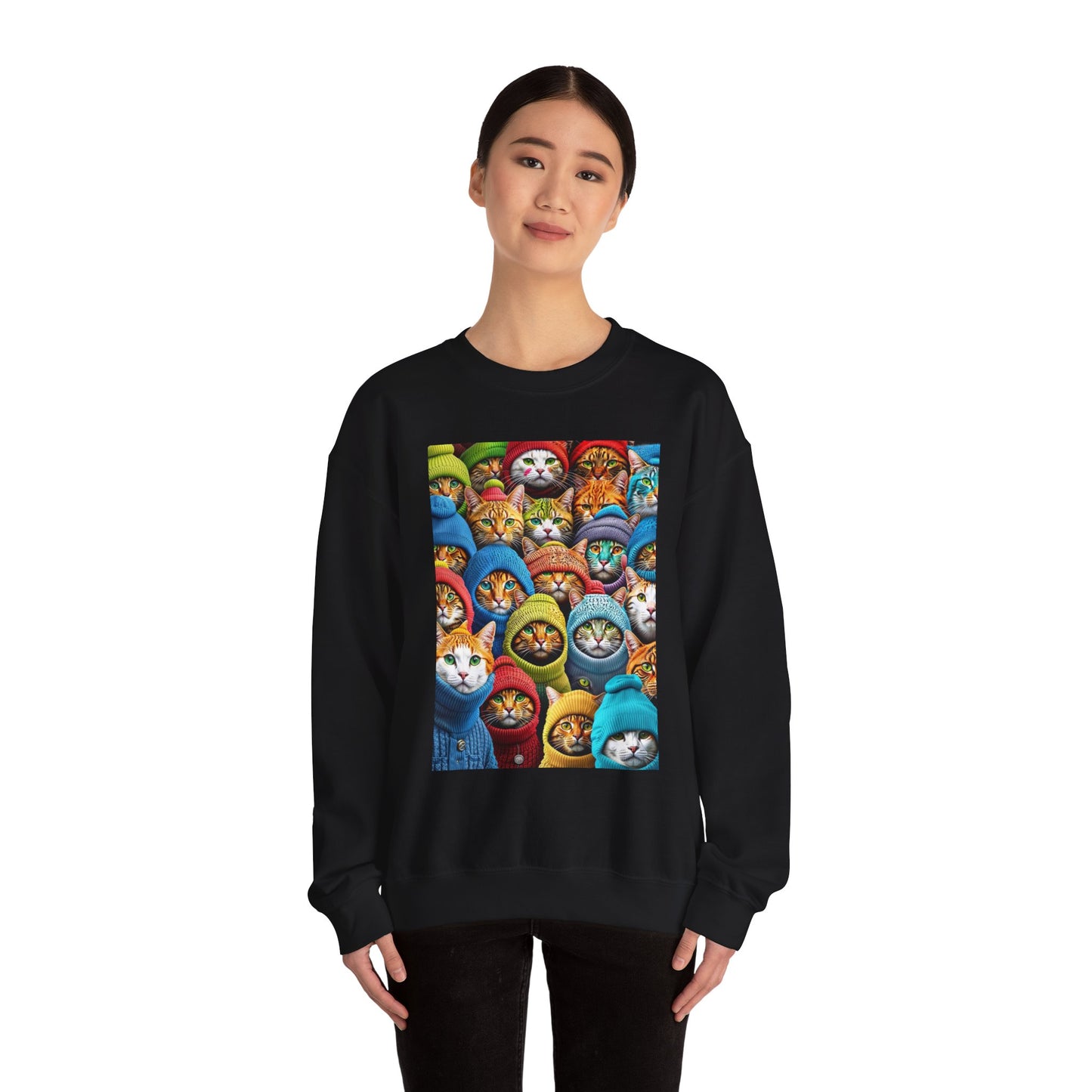 "Cozy Cat Crewneck Sweatshirt – Soft & Stylish Pullover with Colorful Cat Faces Design"