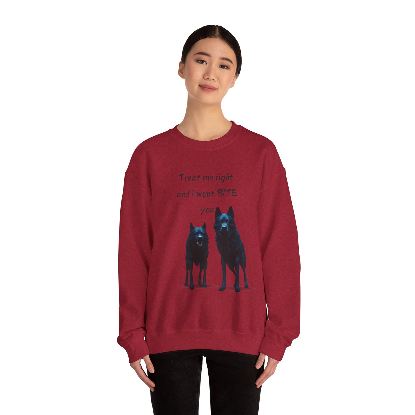 πΎ Funny Dog Lover Pink Sweatshirt β "Treat Me Right and I Won't Bite" Design for Dog Lovers & Pet Owners