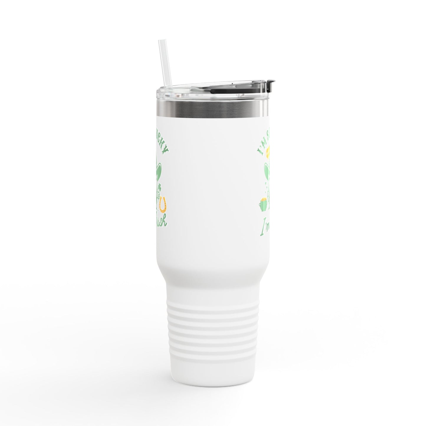 "Funny St. Patrick's Day 40oz Insulated Tumbler – 'I'm So Lucky I'm Irish' with Cowboy, Pot of Gold & Horseshoe Design"