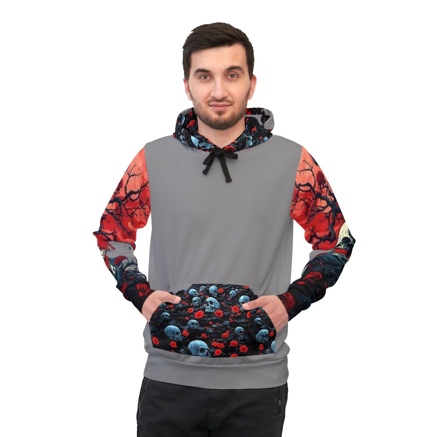 💀 Grey Hoodie – Bold Blue Skulls Graphic Streetwear Sweatshirt