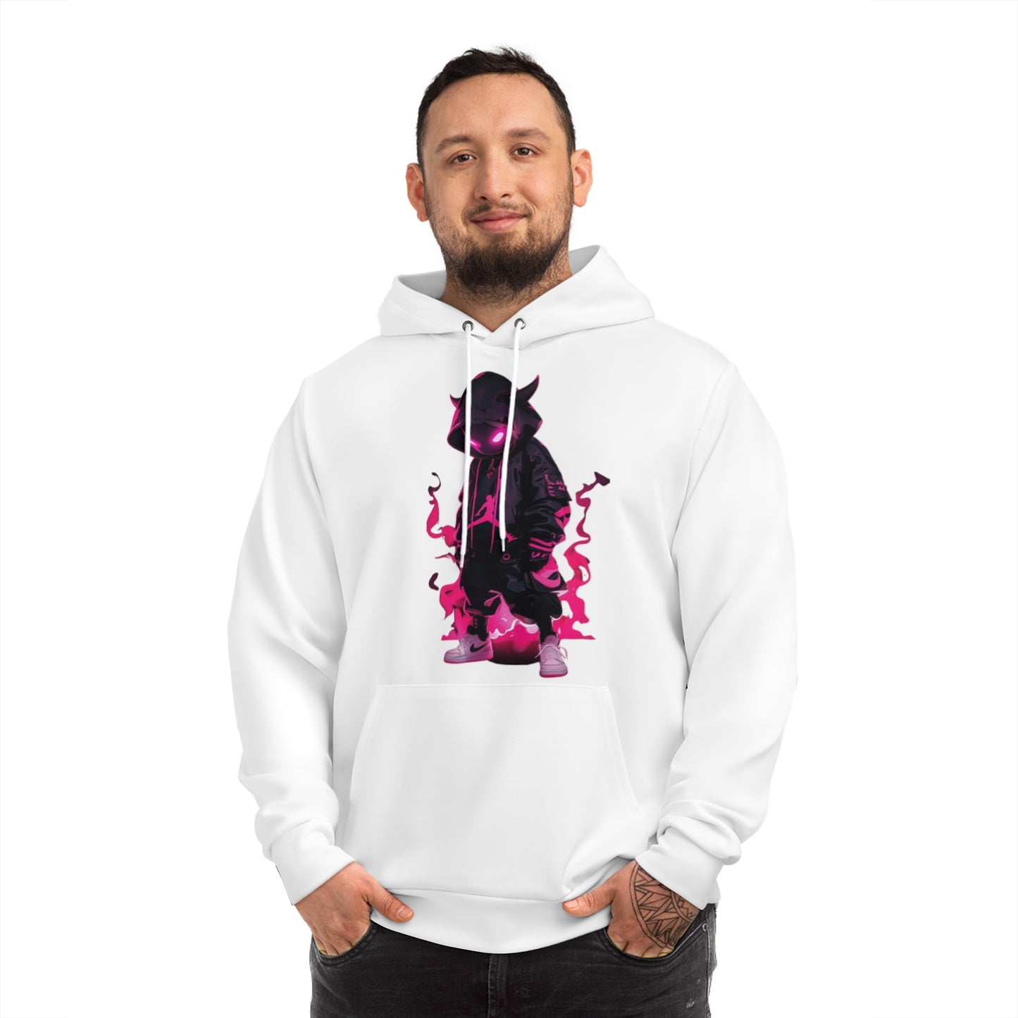 Arctic Frost White Hoodie for Men & Women – Silent Flame Figure with Pink Fire Streetwear