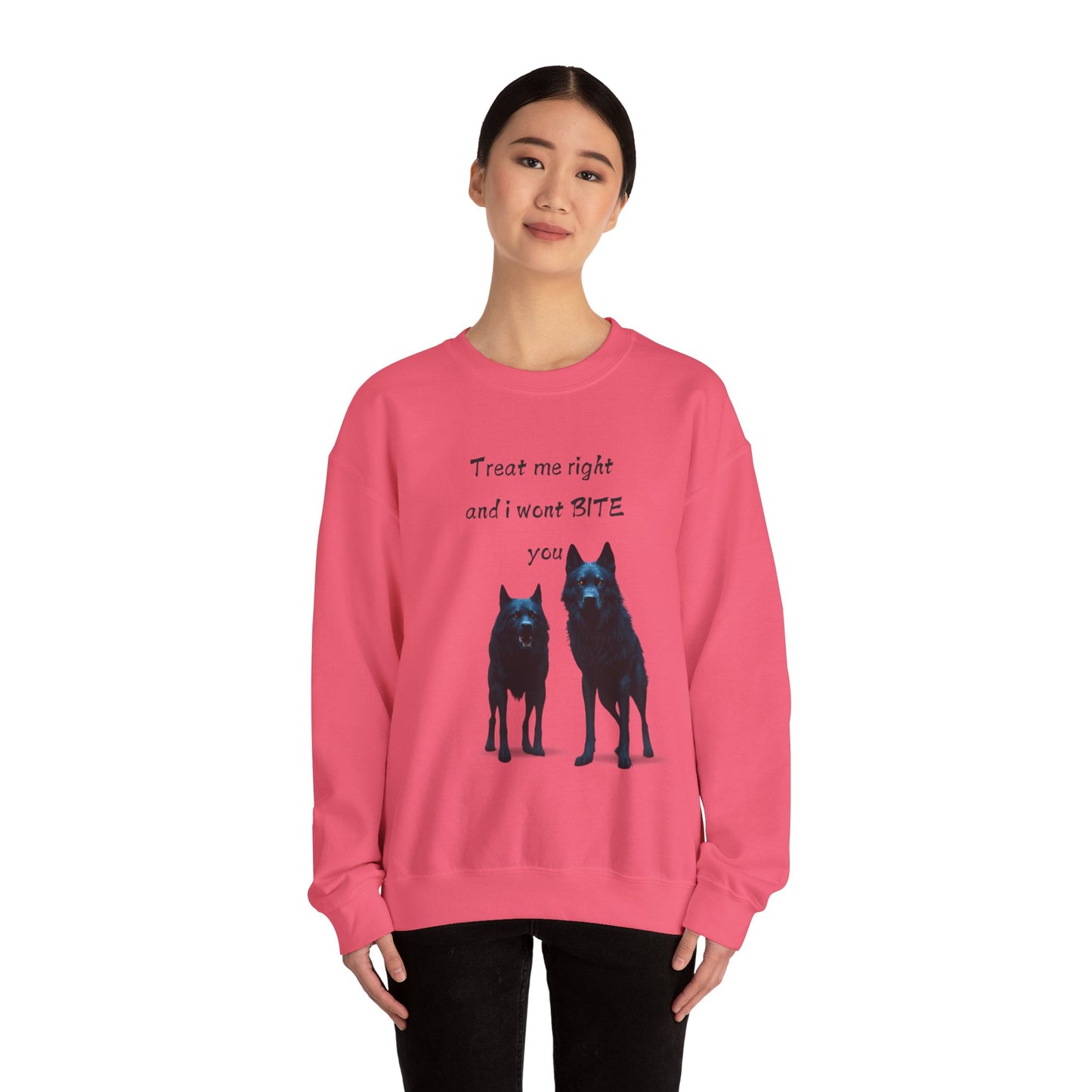 πΎ Funny Dog Lover Pink Sweatshirt β "Treat Me Right and I Won't Bite" Design for Dog Lovers & Pet Owners