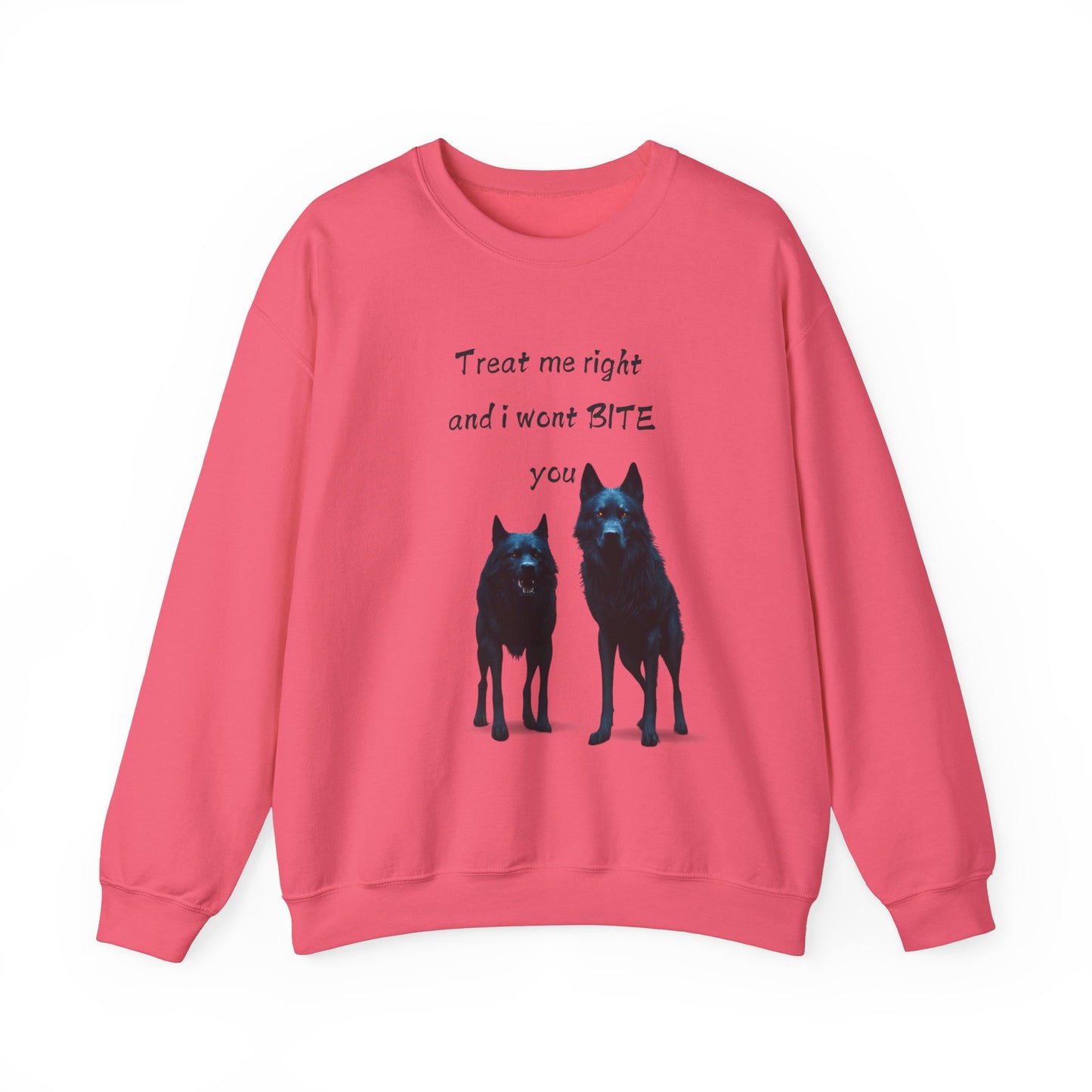πΎ Funny Dog Lover Pink Sweatshirt β "Treat Me Right and I Won't Bite" Design for Dog Lovers & Pet Owners