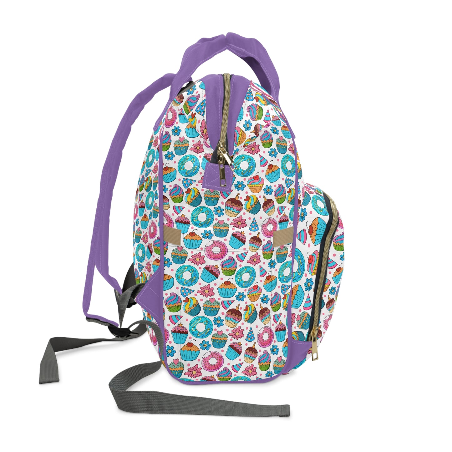 Pastel Pink Multifunctional Diaper Backpack – Cute Donuts & Cupcakes Baby Bag for Moms