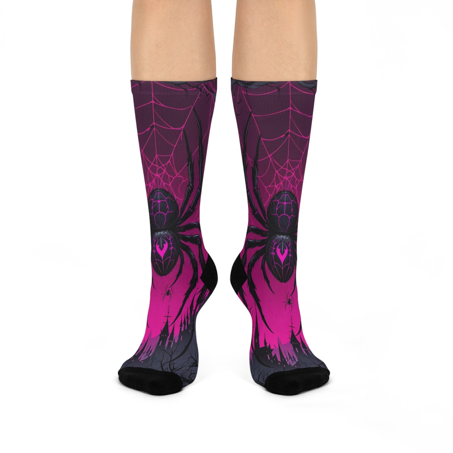 Cushioned Crew Socks Black Widow, Pink Heart