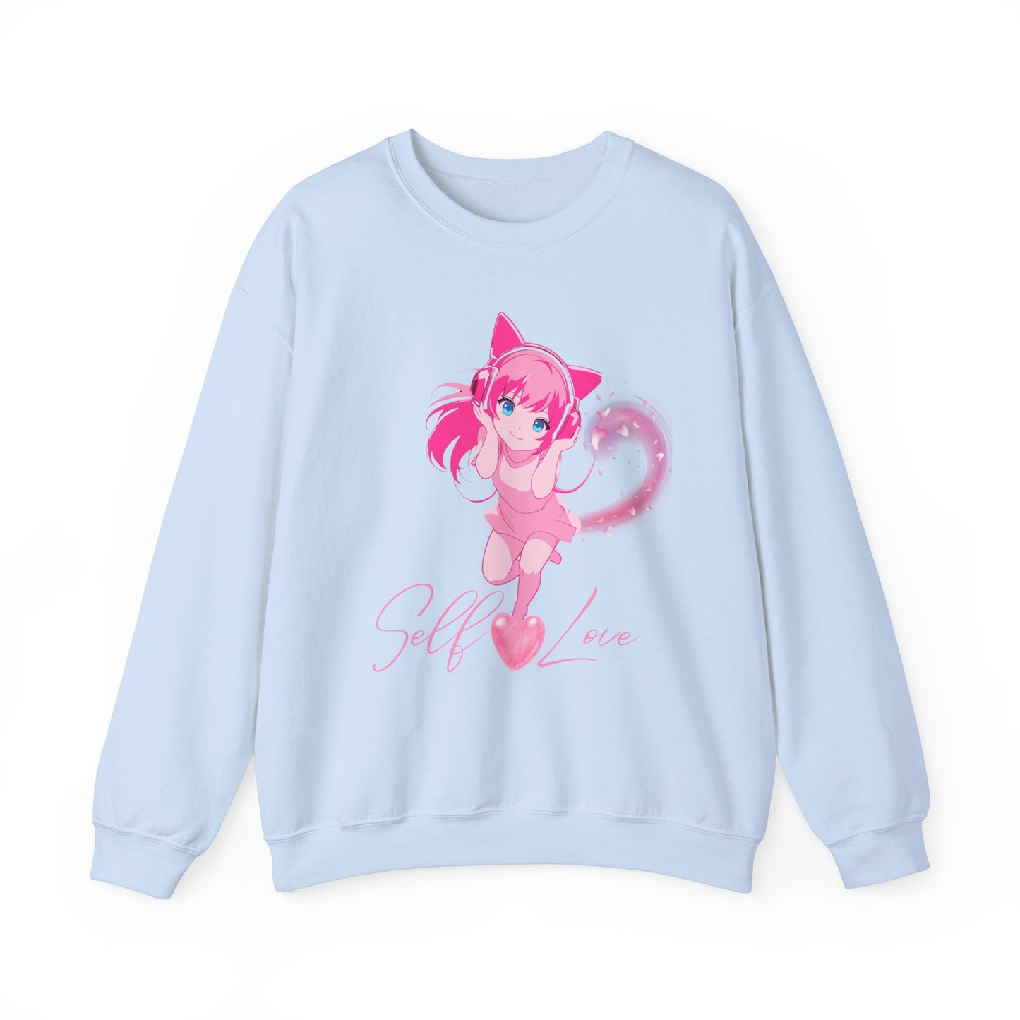 Obsidian Black Self-Love Sweatshirt – Adorable Pink Anime Character Crewneck