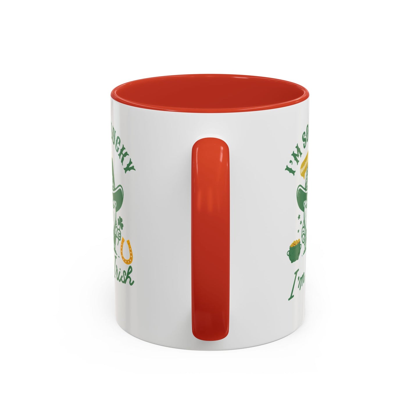 "Funny St. Patrick's Day Coffee Mug – 'I'm So Lucky I'm Irish' with Cowboy, Pot of Gold & Horseshoe Design"