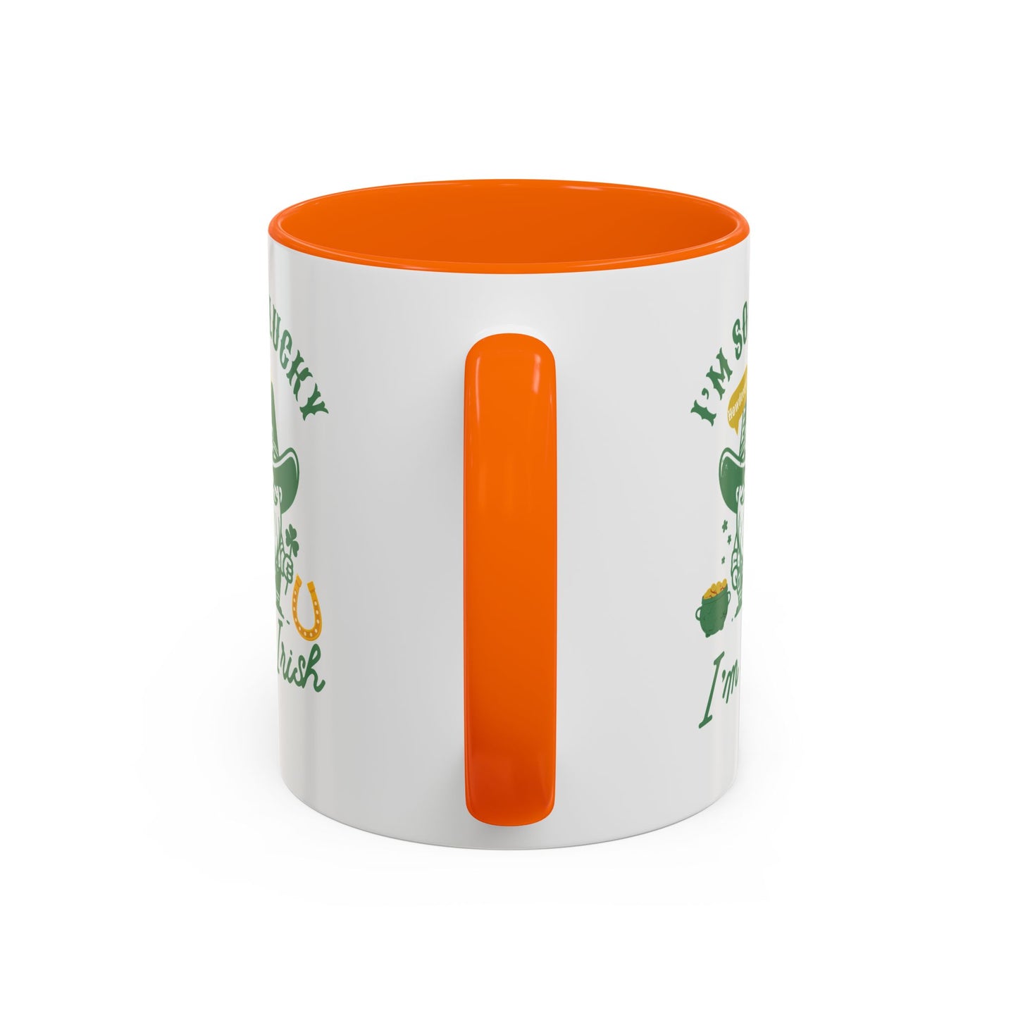 "Funny St. Patrick's Day Coffee Mug – 'I'm So Lucky I'm Irish' with Cowboy, Pot of Gold & Horseshoe Design"