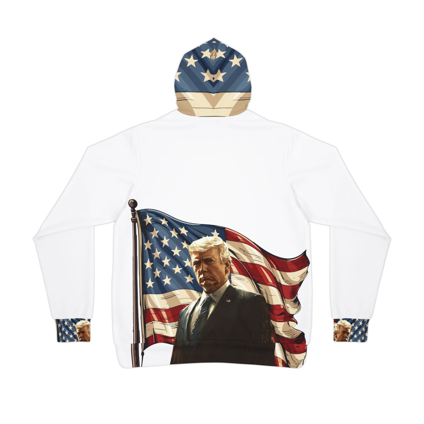 "Patriotic White Hoodie – 2025 American Flag and Trump Graphic | Ideal for Trump Supporters"