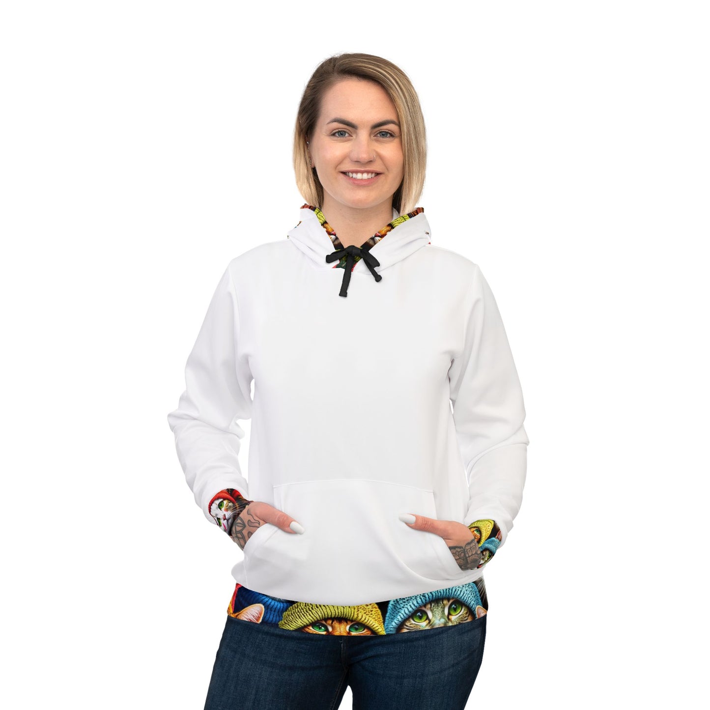 "White Whimsical Cat Hoodie – Cozy & Stylish Sweatshirt for Animal Lovers"