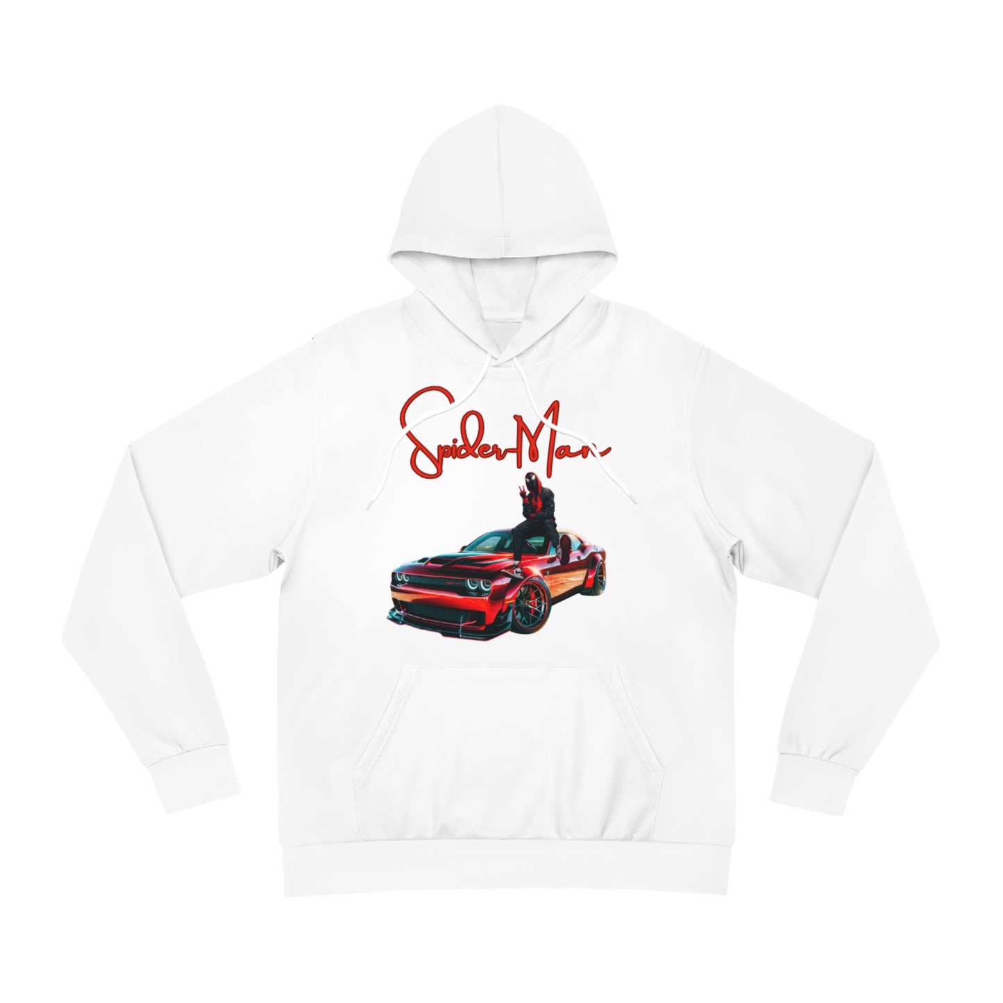 Arctic White Hoodie for Men & Women – Spiderman on Car Hero-Inspired Bold Graphic