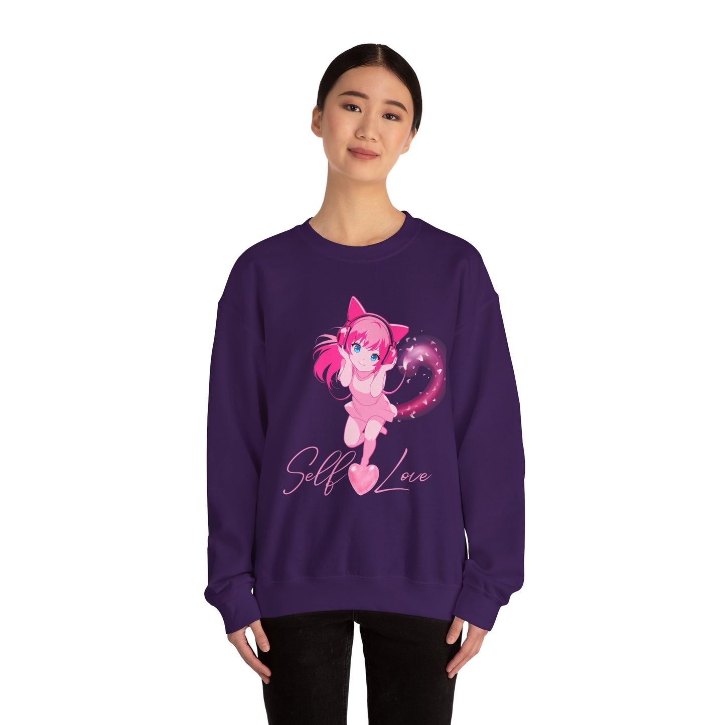 Obsidian Black Self-Love Sweatshirt – Adorable Pink Anime Character Crewneck