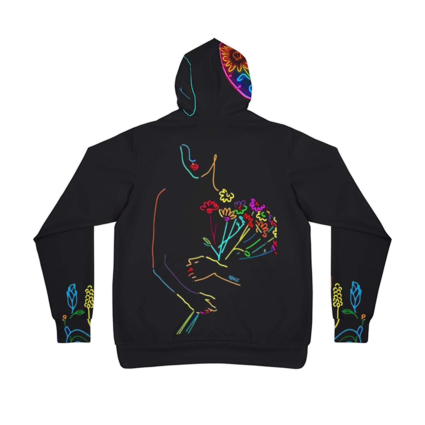 🌸 Vibrant Floral Black Hoodie – Bold Hand & Colorful Flower Design