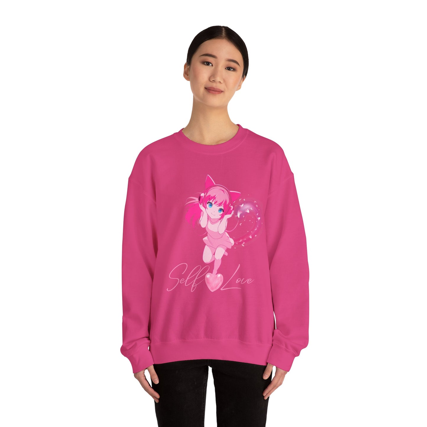 Obsidian Black Self-Love Sweatshirt – Adorable Pink Anime Character Crewneck