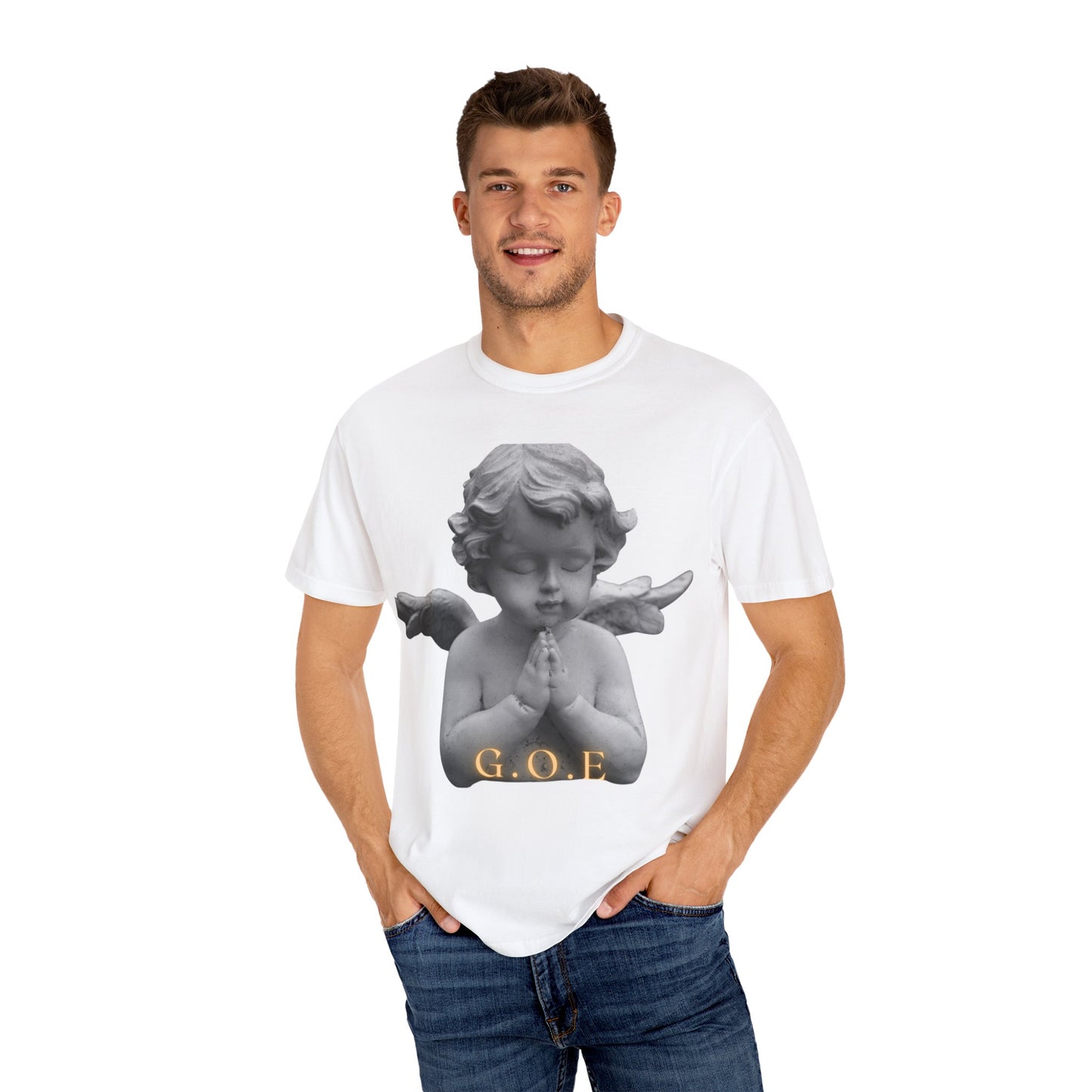 Heavenly White Men & Women T-Shirt – "G.O.E Angel" (God Over Everything) Faith-Inspired Tee