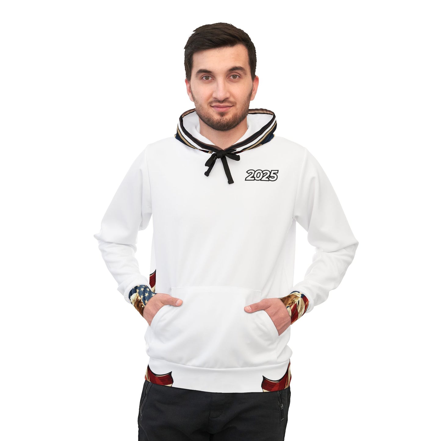 "Patriotic White Hoodie – 2025 American Flag and Trump Graphic | Ideal for Trump Supporters"