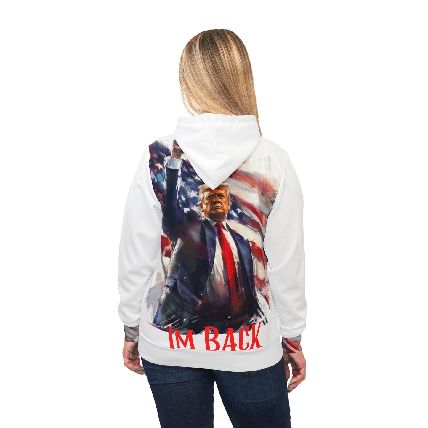 "American Pride White Hoodie – Bold American Flag and Trump Design | Perfect for Trump Supporters"