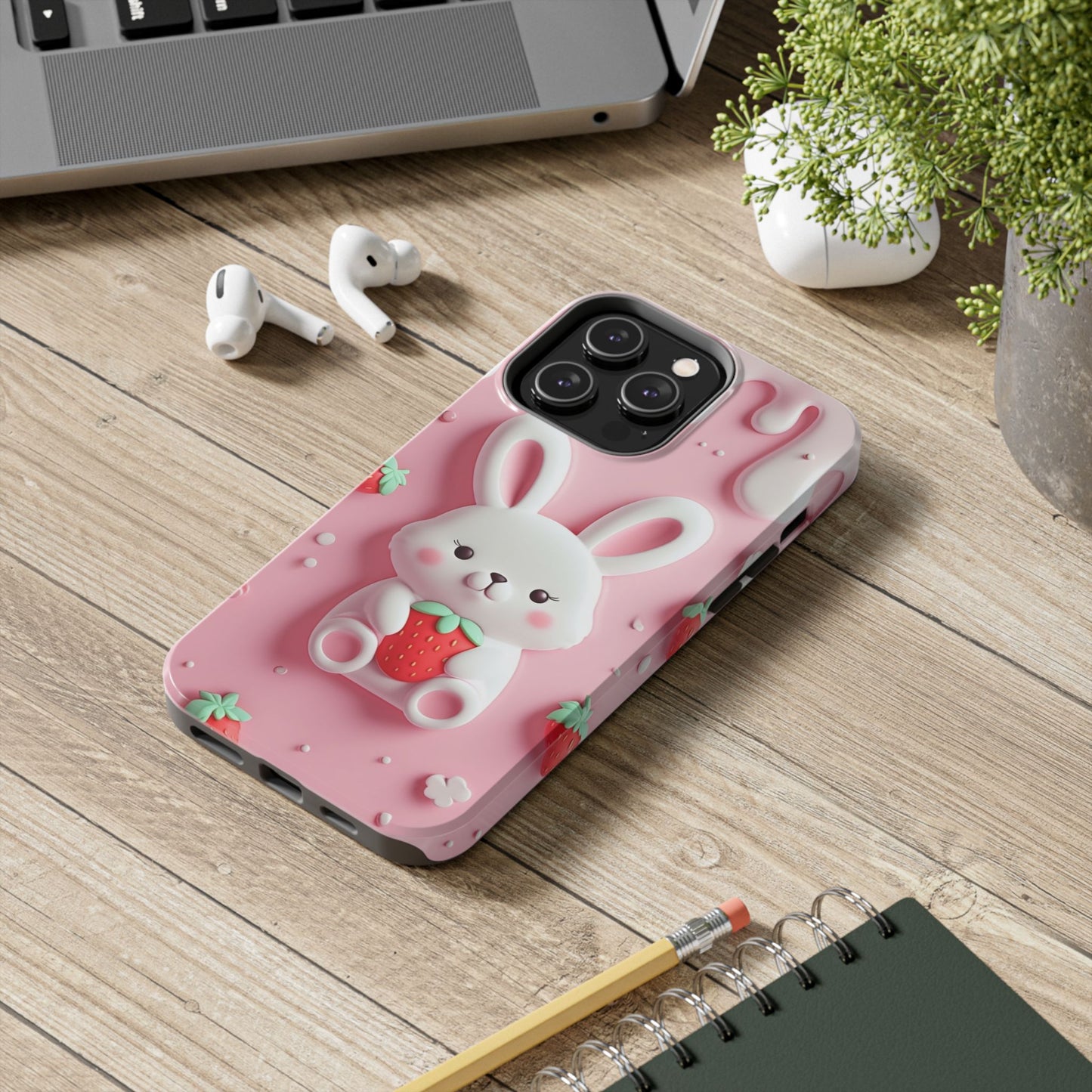 Cute Bunny Strawberry Tough Phone Case - Perfect for Kids & Spring Celebrations