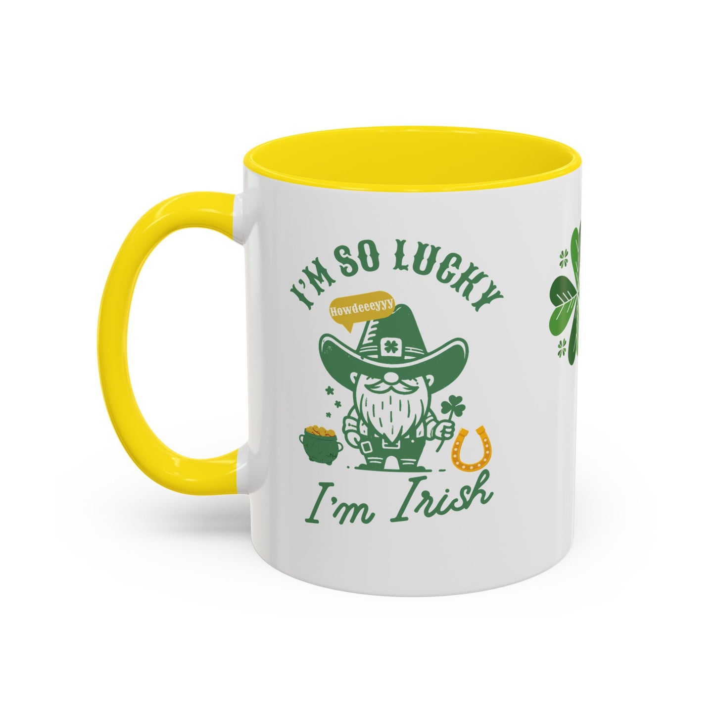 "Funny St. Patrick's Day Coffee Mug – 'I'm So Lucky I'm Irish' with Cowboy, Pot of Gold & Horseshoe Design"