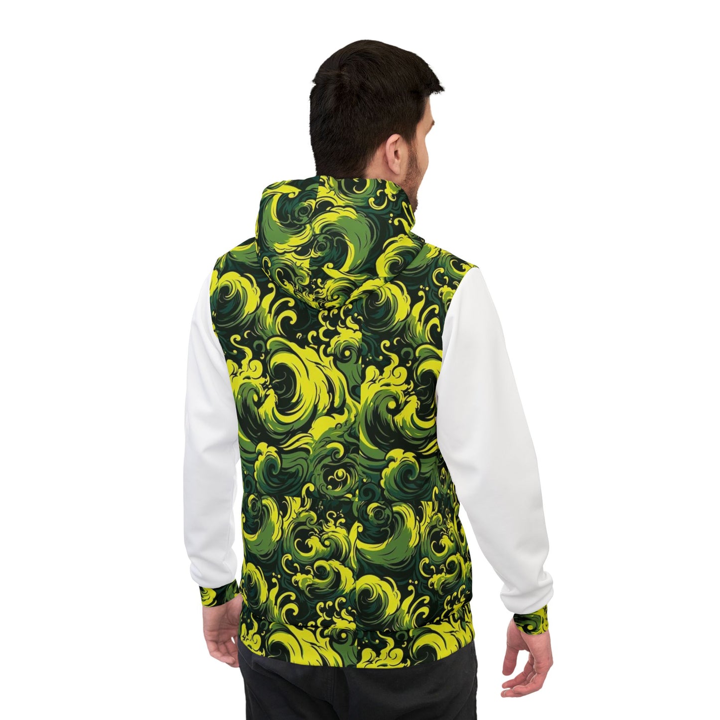 🔥 Men’s White Hoodie with Green & Yellow Pattern – Bold & Stylish Streetwear