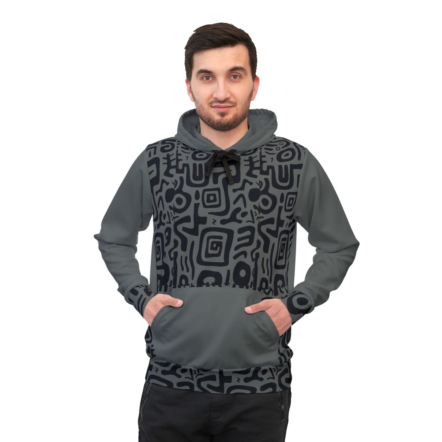 🏋️♂️ Bold Grey & Black Pattern Athletic Hoodie – Tribal-Inspired Design for Comfort & Style