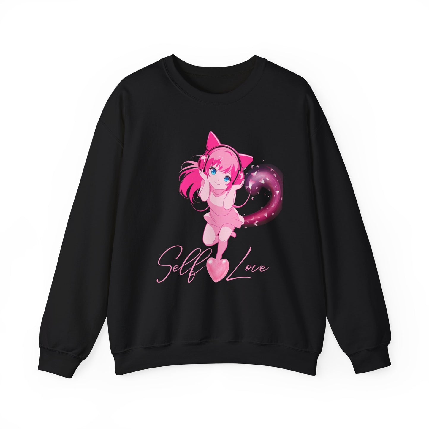 Obsidian Black Self-Love Sweatshirt – Adorable Pink Anime Character Crewneck