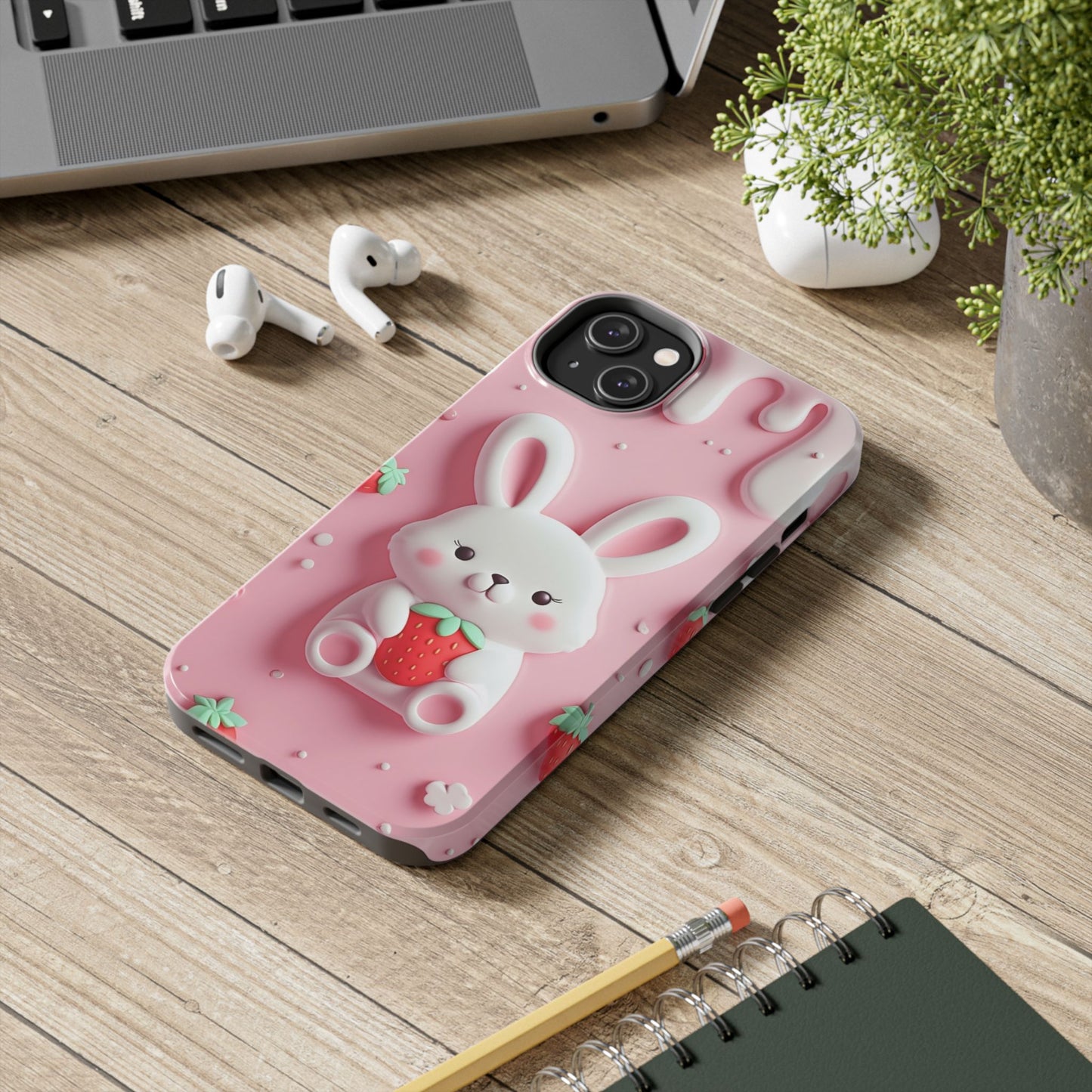 Cute Bunny Strawberry Tough Phone Case - Perfect for Kids & Spring Celebrations