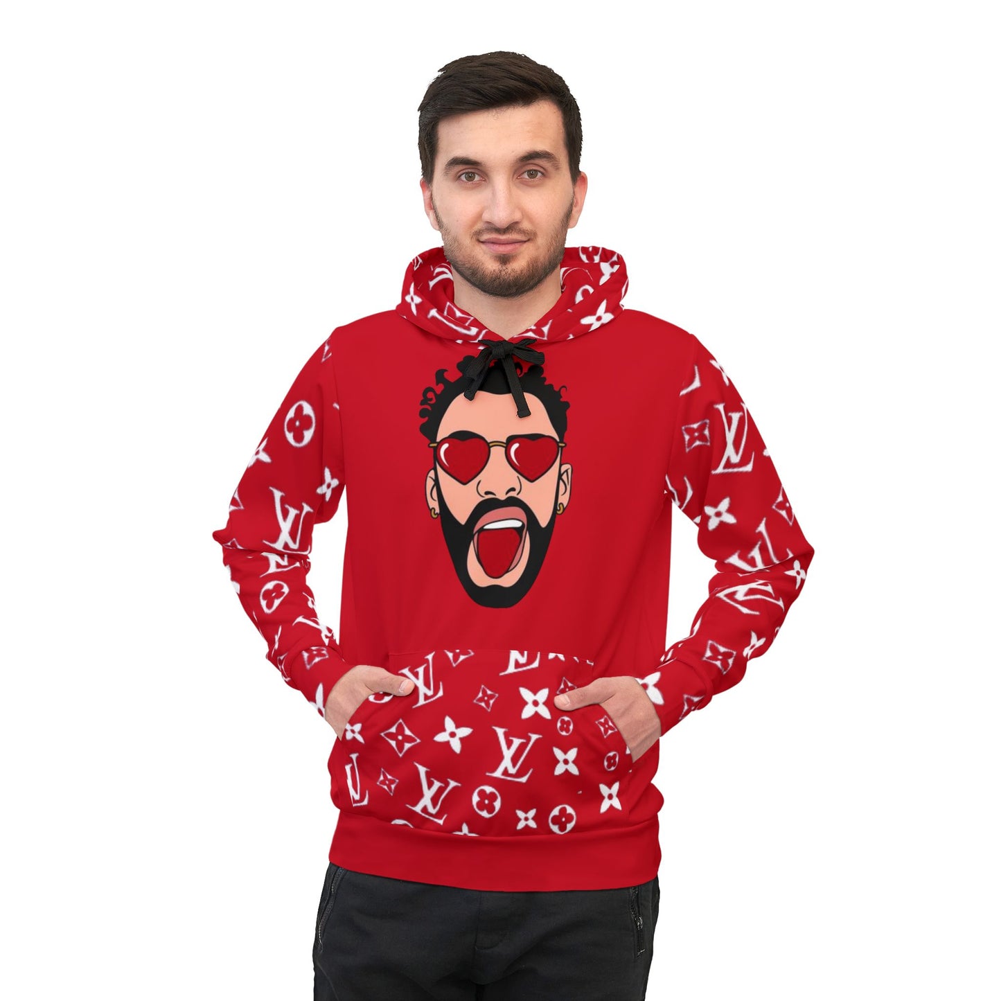 🎤 Bold Inspired Red Hoodie – Artist Badd Bunny Graphic Design for Music & Streetwear Fans