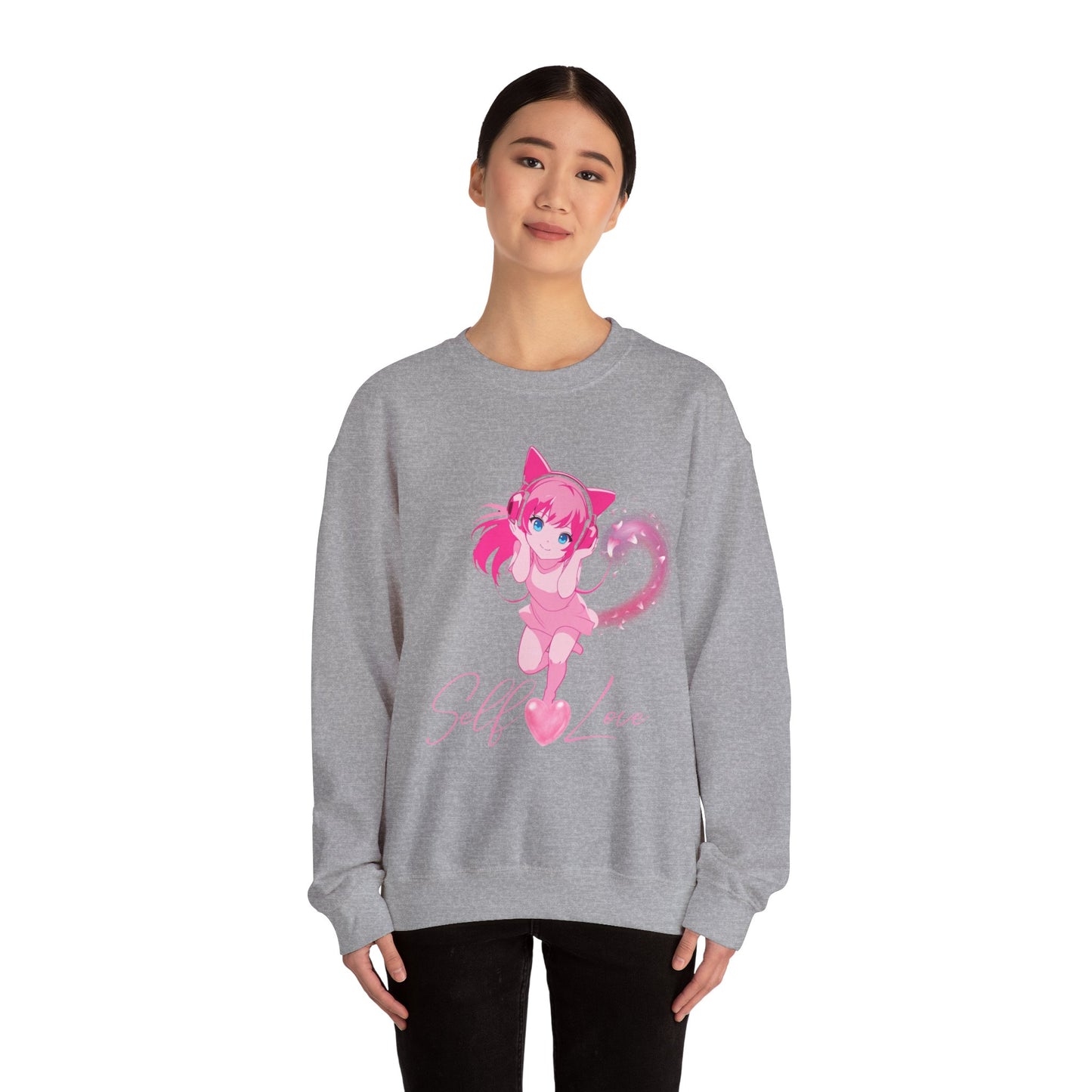 Obsidian Black Self-Love Sweatshirt – Adorable Pink Anime Character Crewneck