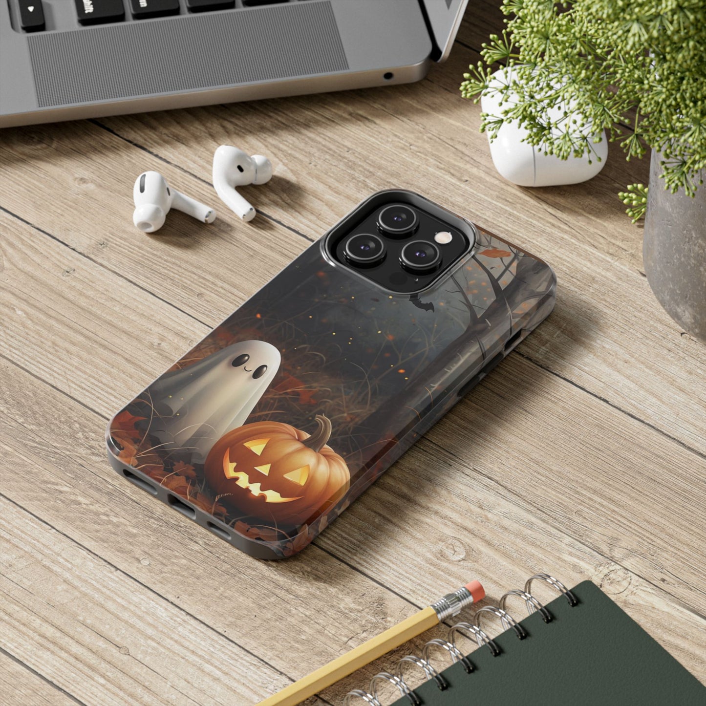 Spooky Halloween Phone Case - Tough Protective Cover with Ghost and Pumpkin Design
