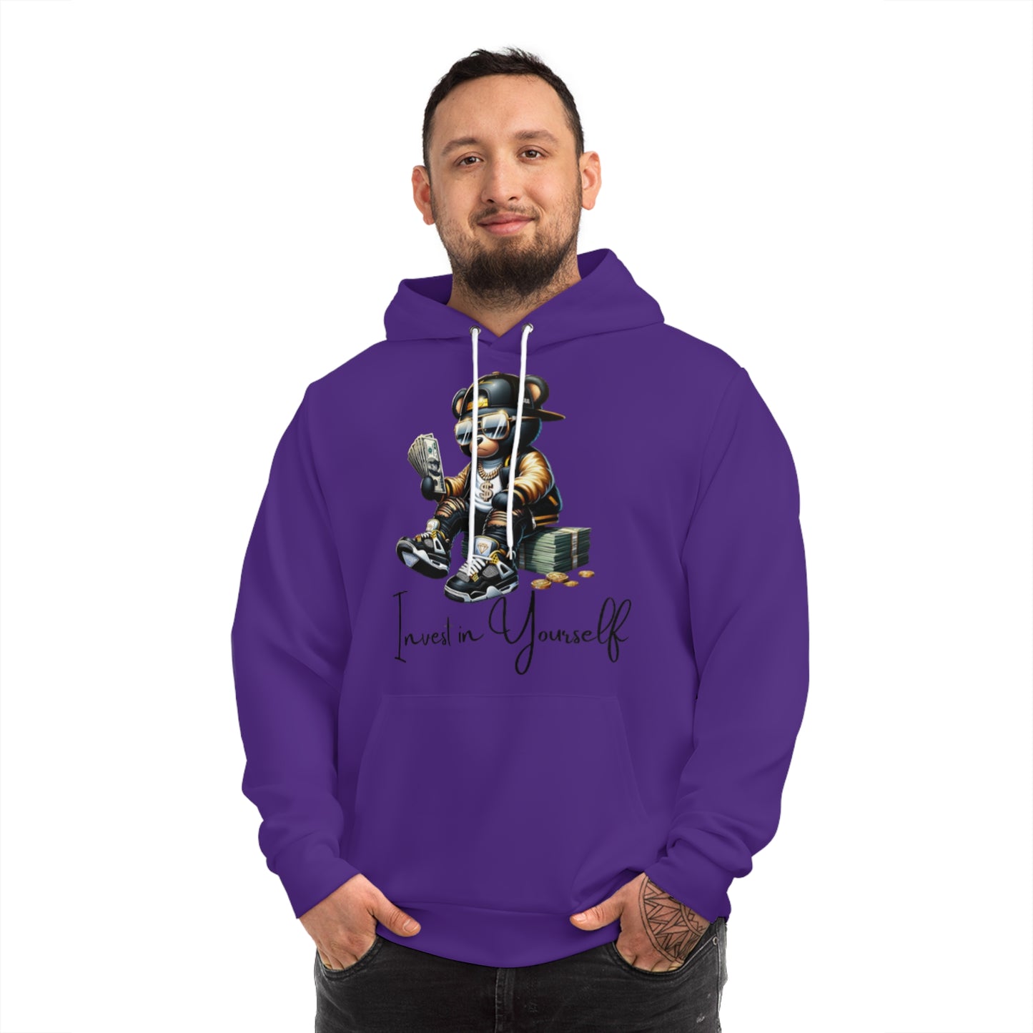 Royal Purple "Invest in Yourself" Hoodie – Motivational Bear Graphic Sweatshirt