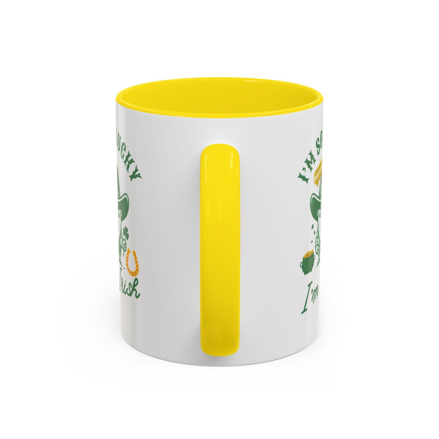 "Funny St. Patrick's Day Coffee Mug – 'I'm So Lucky I'm Irish' with Cowboy, Pot of Gold & Horseshoe Design"