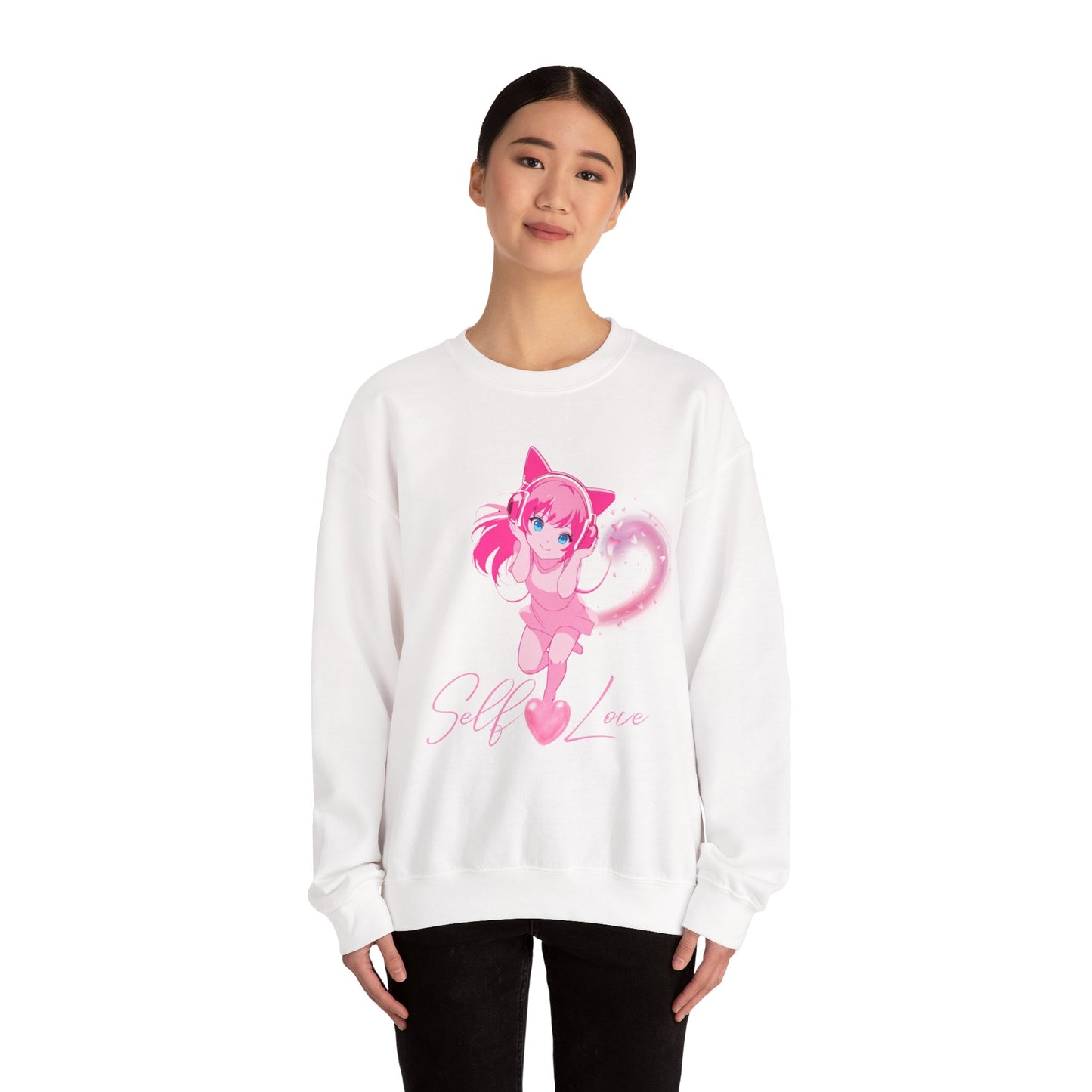 Obsidian Black Self-Love Sweatshirt – Adorable Pink Anime Character Crewneck