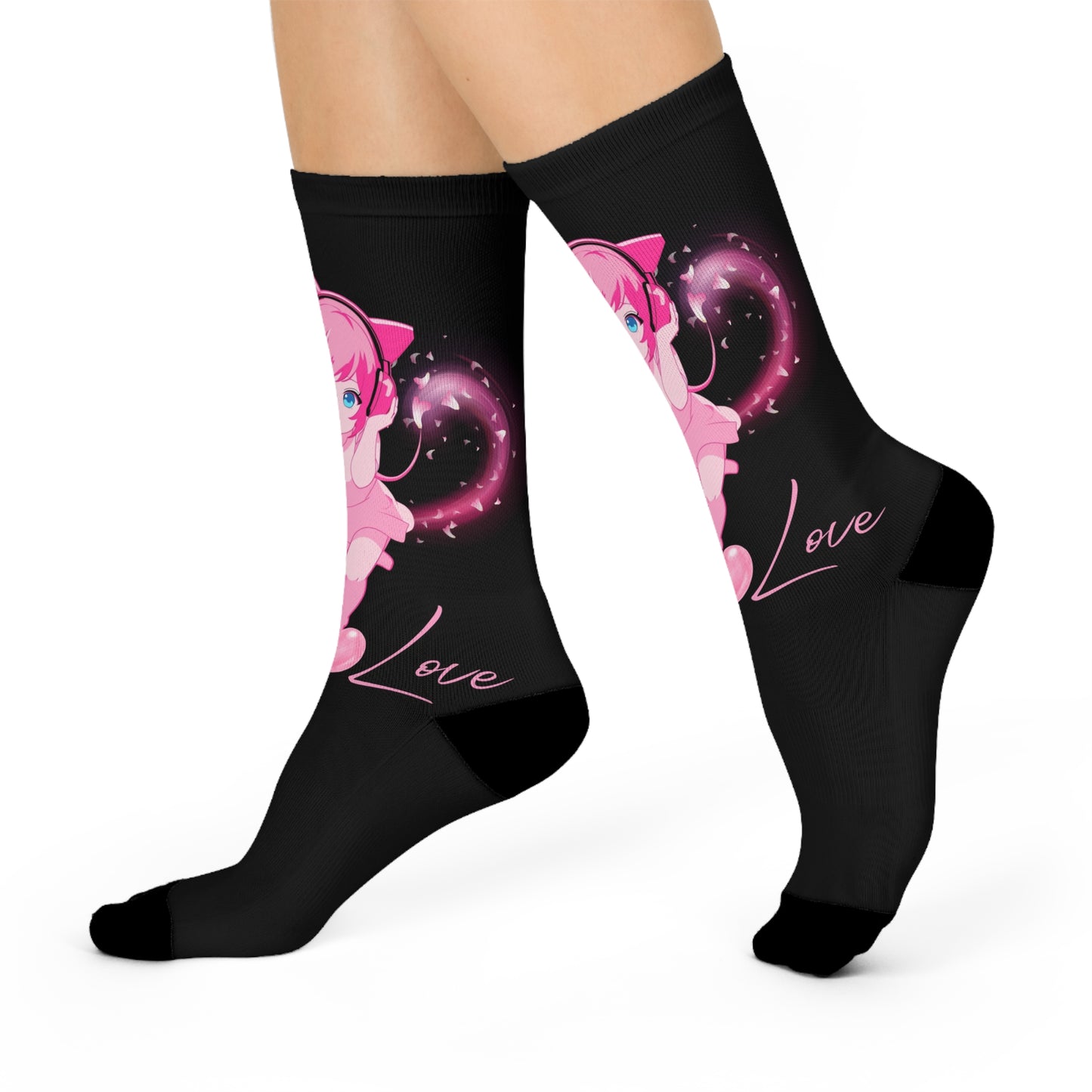 Socks- Cute Pink Anime Love Crew | Stylish Graphic Socks for Girls