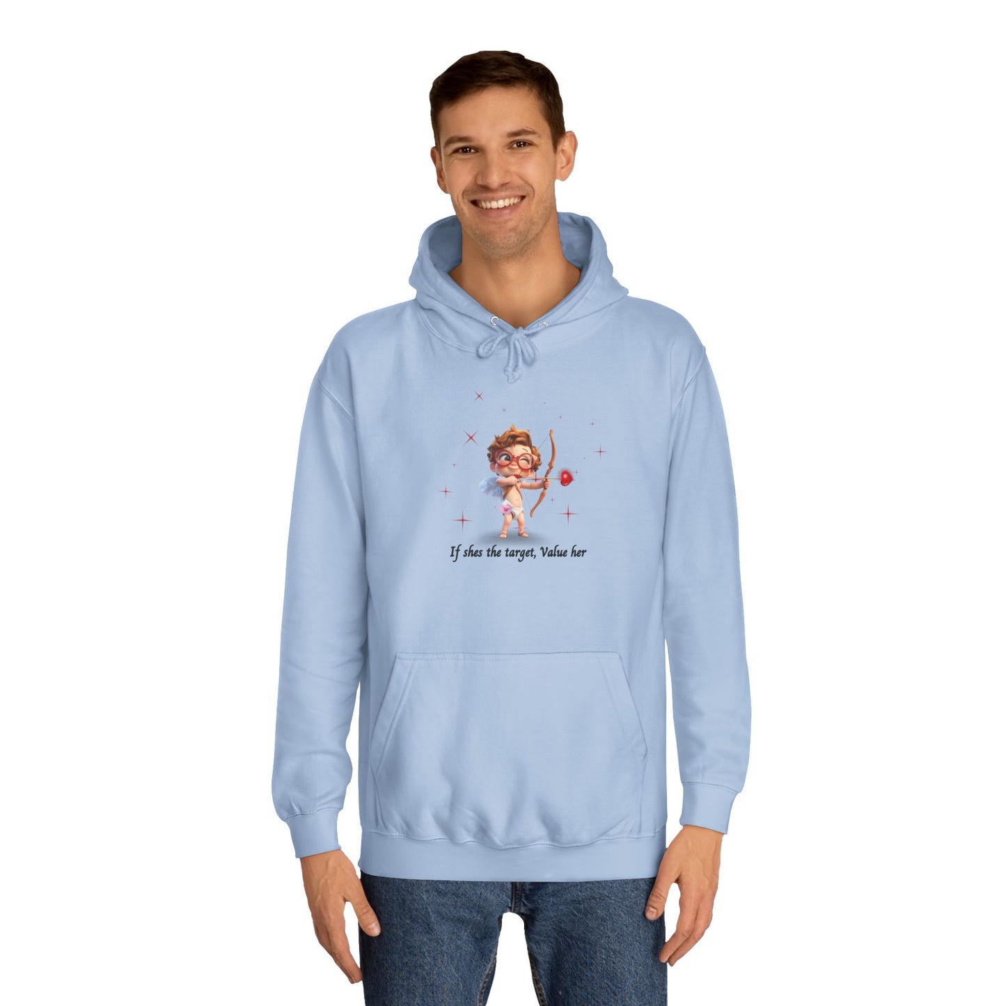 Ivory Cloud White Hoodie for Women – Value Her Cupid-Inspired Love Graphic Sweater