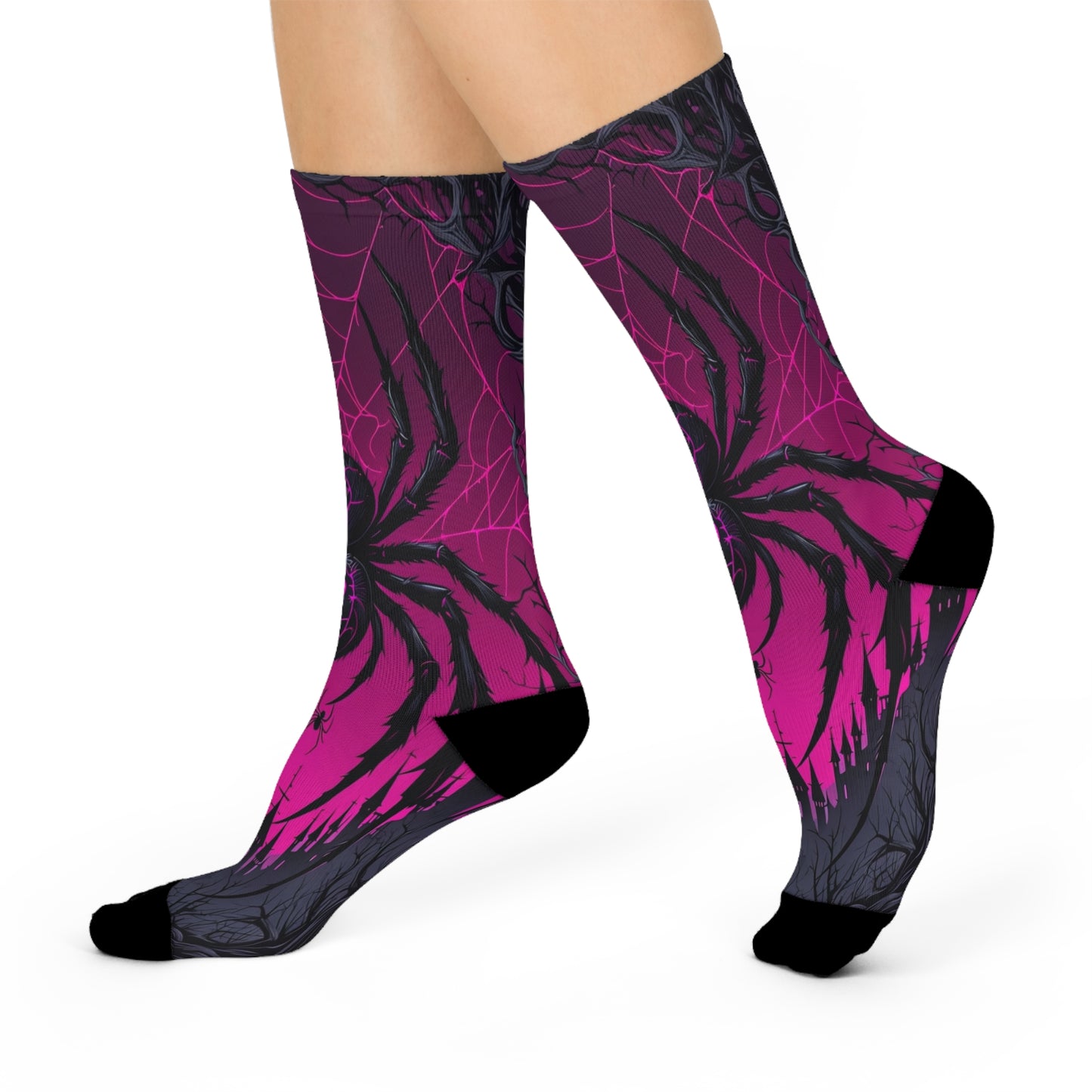 Cushioned Crew Socks Black Widow, Pink Heart