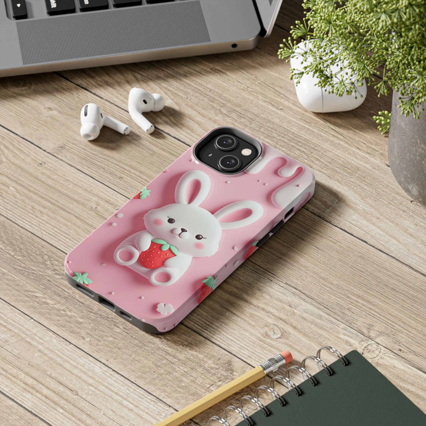 Cute Bunny Strawberry Tough Phone Case - Perfect for Kids & Spring Celebrations
