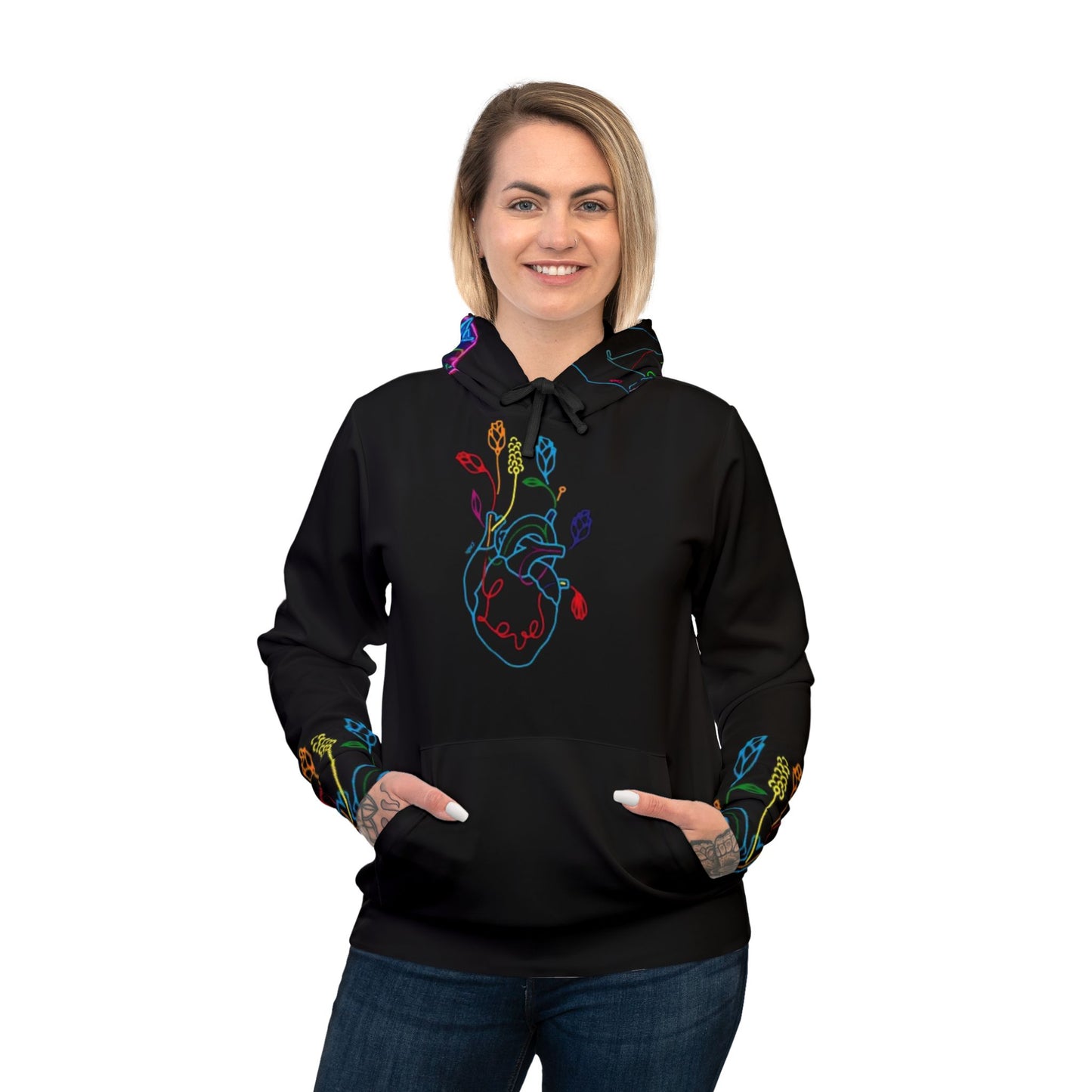 🌸 Vibrant Floral Black Hoodie – Bold Hand & Colorful Flower Design