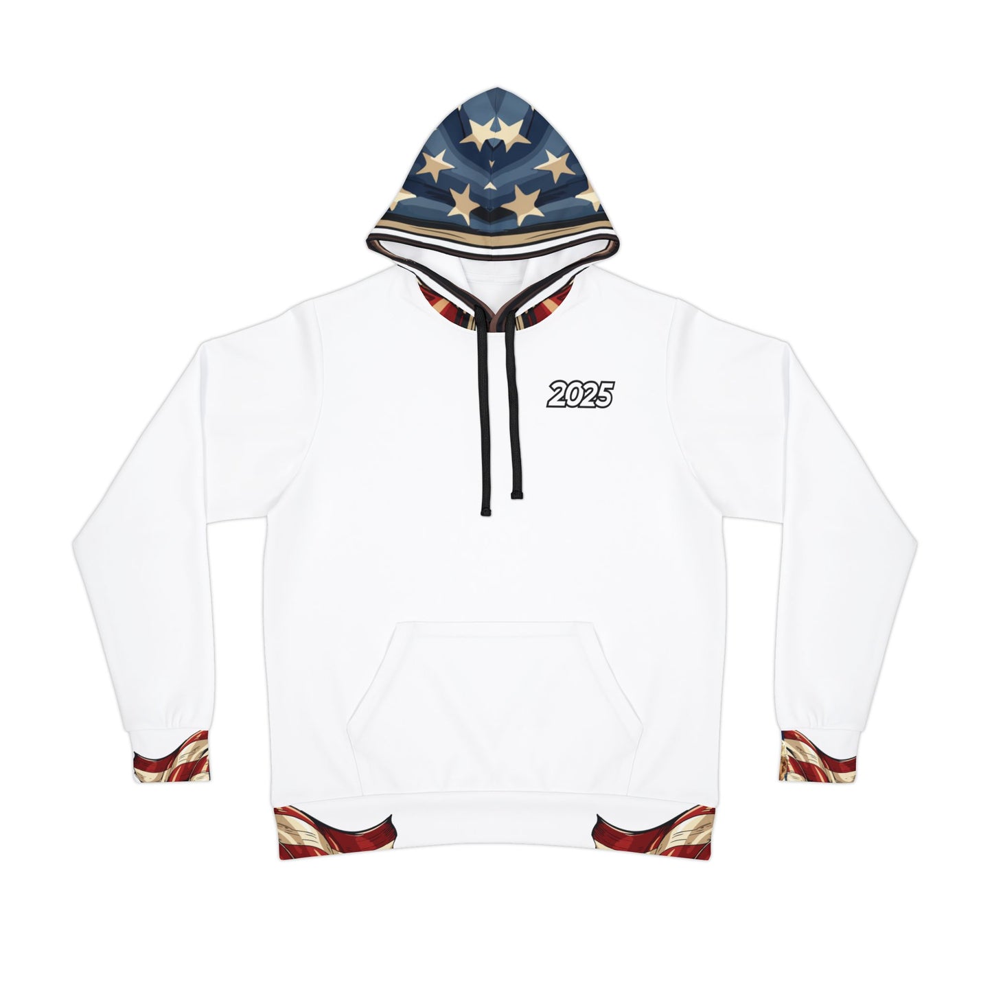 "Patriotic White Hoodie – 2025 American Flag and Trump Graphic | Ideal for Trump Supporters"