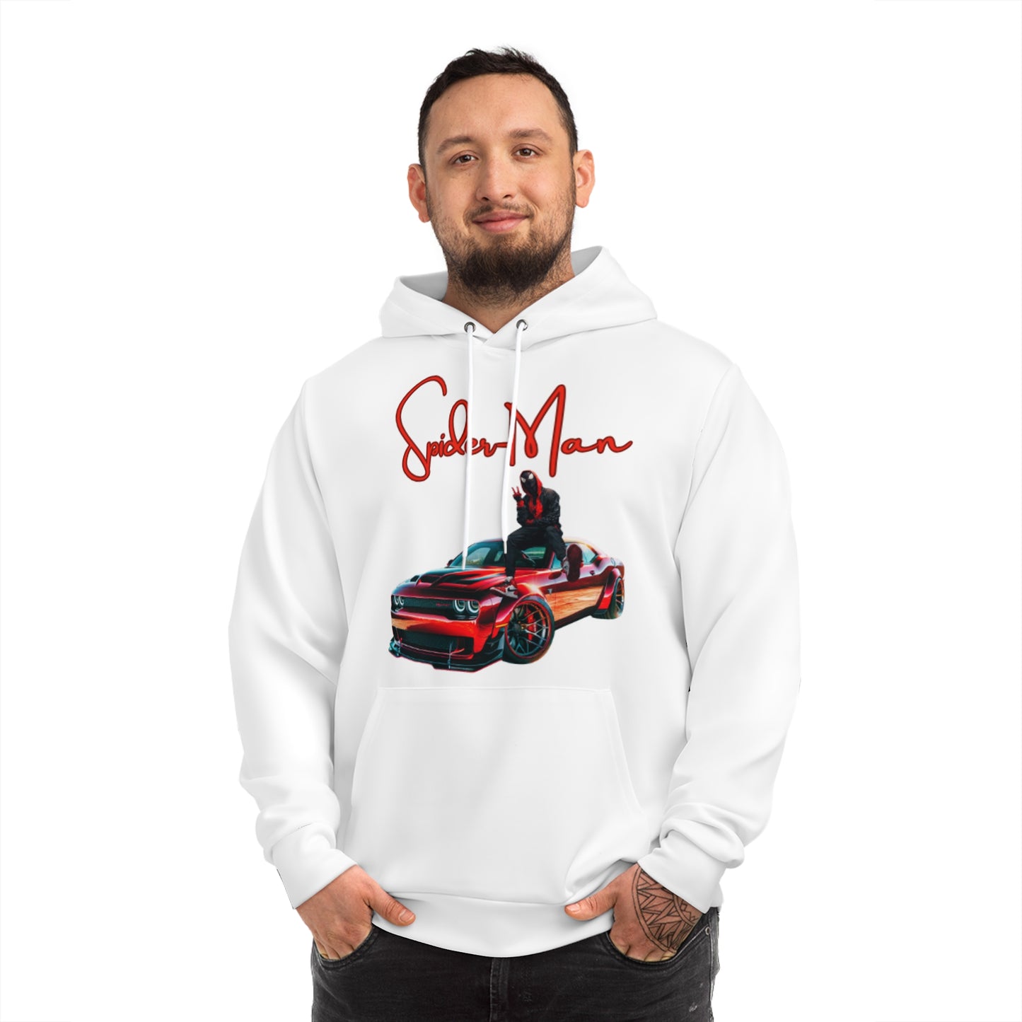 Arctic White Hoodie for Men & Women – Spiderman on Car Hero-Inspired Bold Graphic