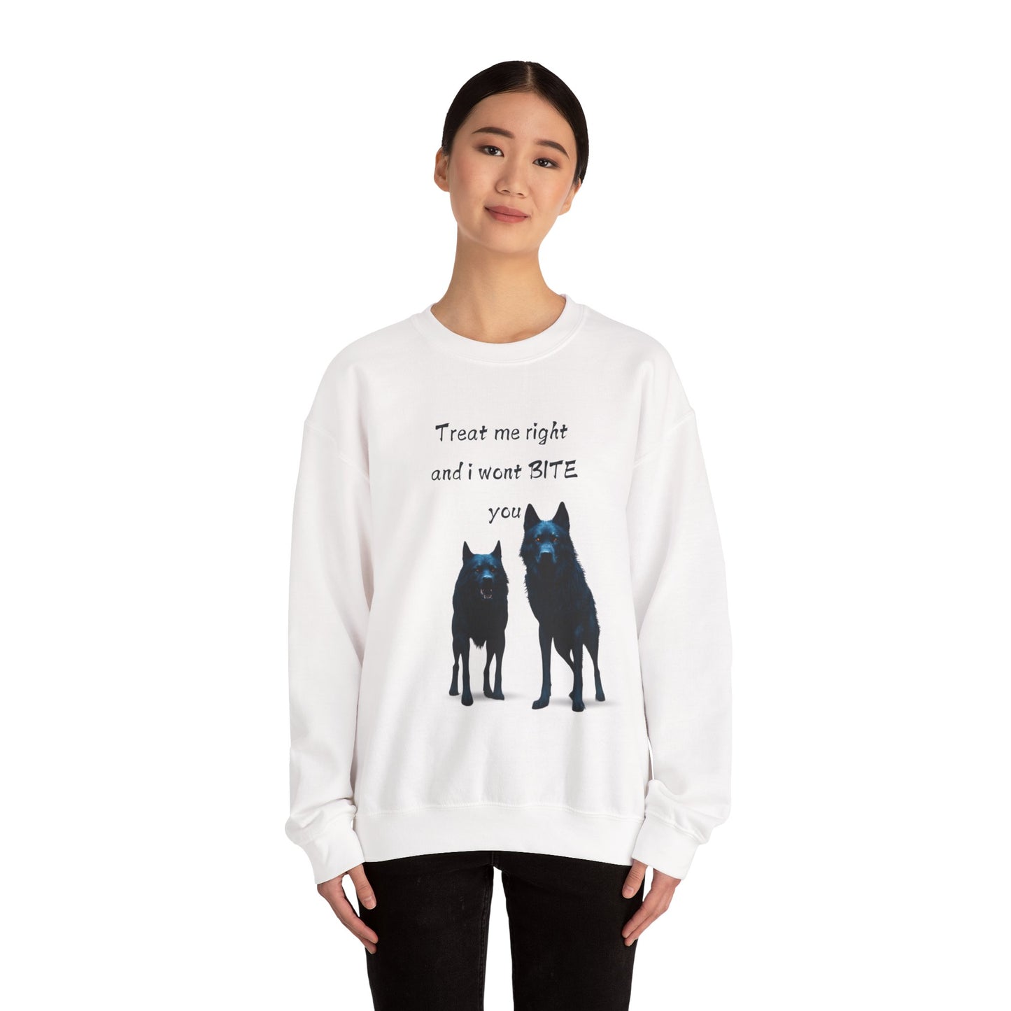 πΎ Funny Dog Lover Pink Sweatshirt β "Treat Me Right and I Won't Bite" Design for Dog Lovers & Pet Owners