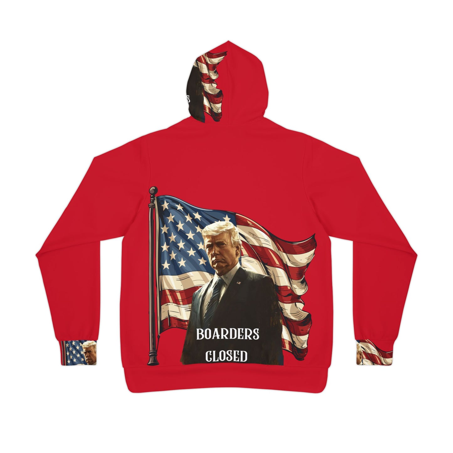 "Patriotic Red Hoodie with Bold American Flag and Trump Design – Show Your American Pride"