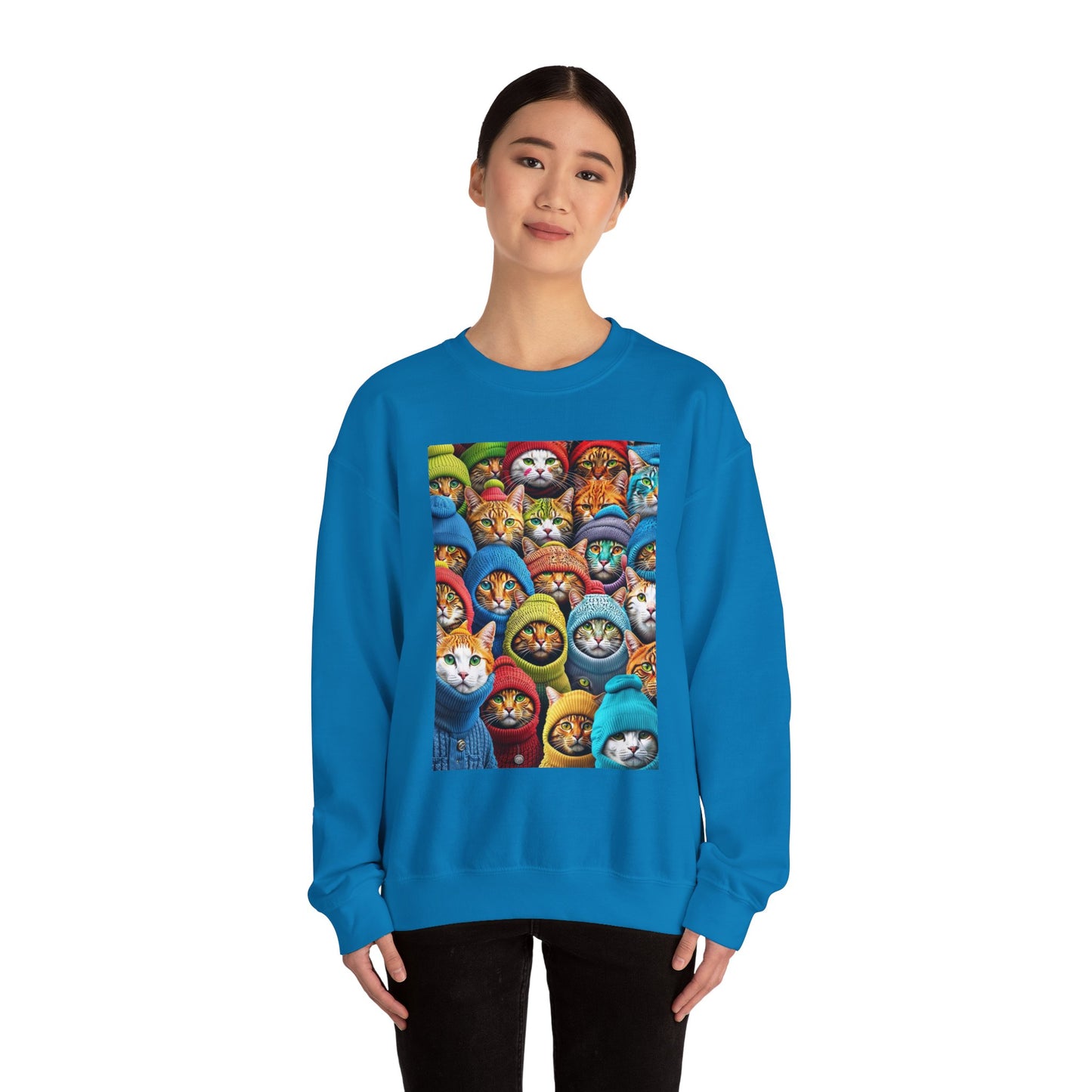 "Cozy Cat Crewneck Sweatshirt – Soft & Stylish Pullover with Colorful Cat Faces Design"