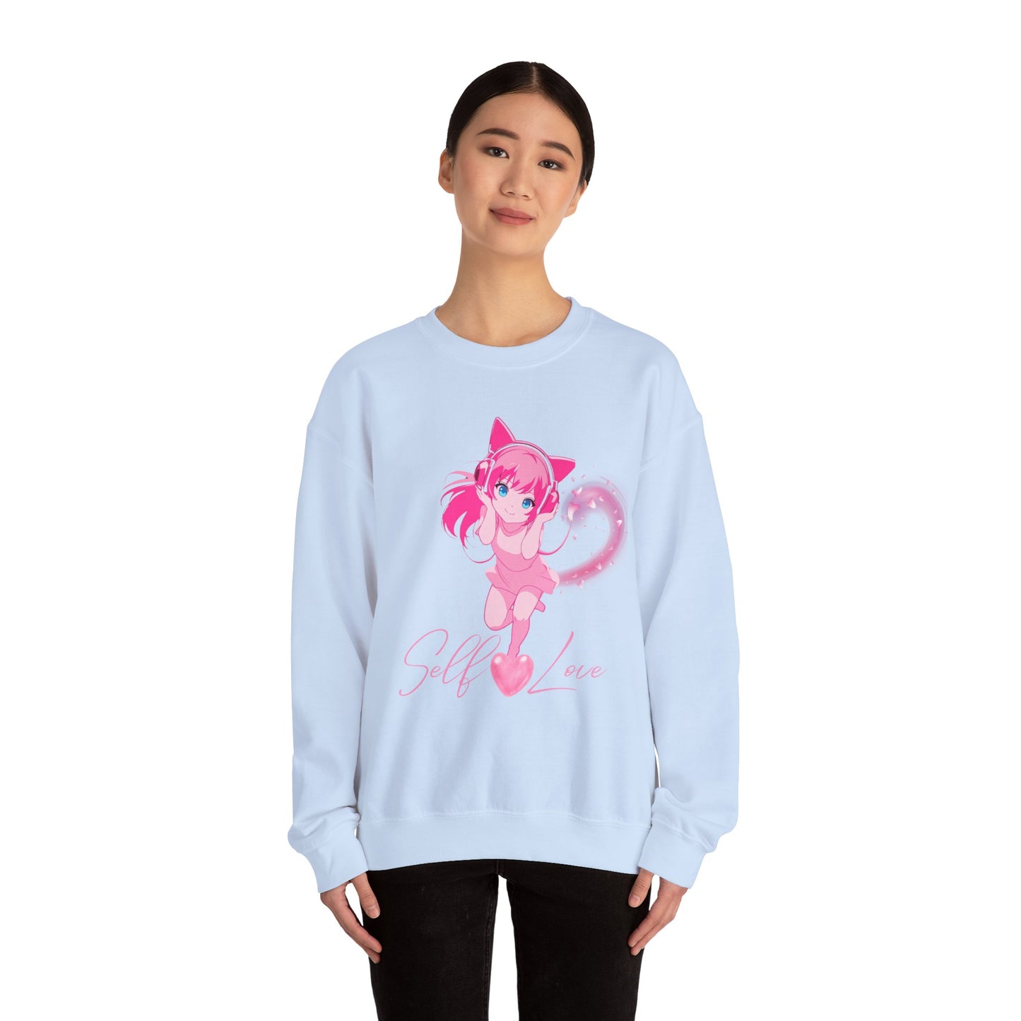 Obsidian Black Self-Love Sweatshirt – Adorable Pink Anime Character Crewneck