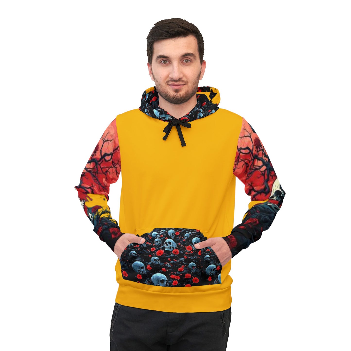 π Yellow Hoodie β Bold Blue Skulls Graphic Sweatshirt for Streetwear Enthusiasts